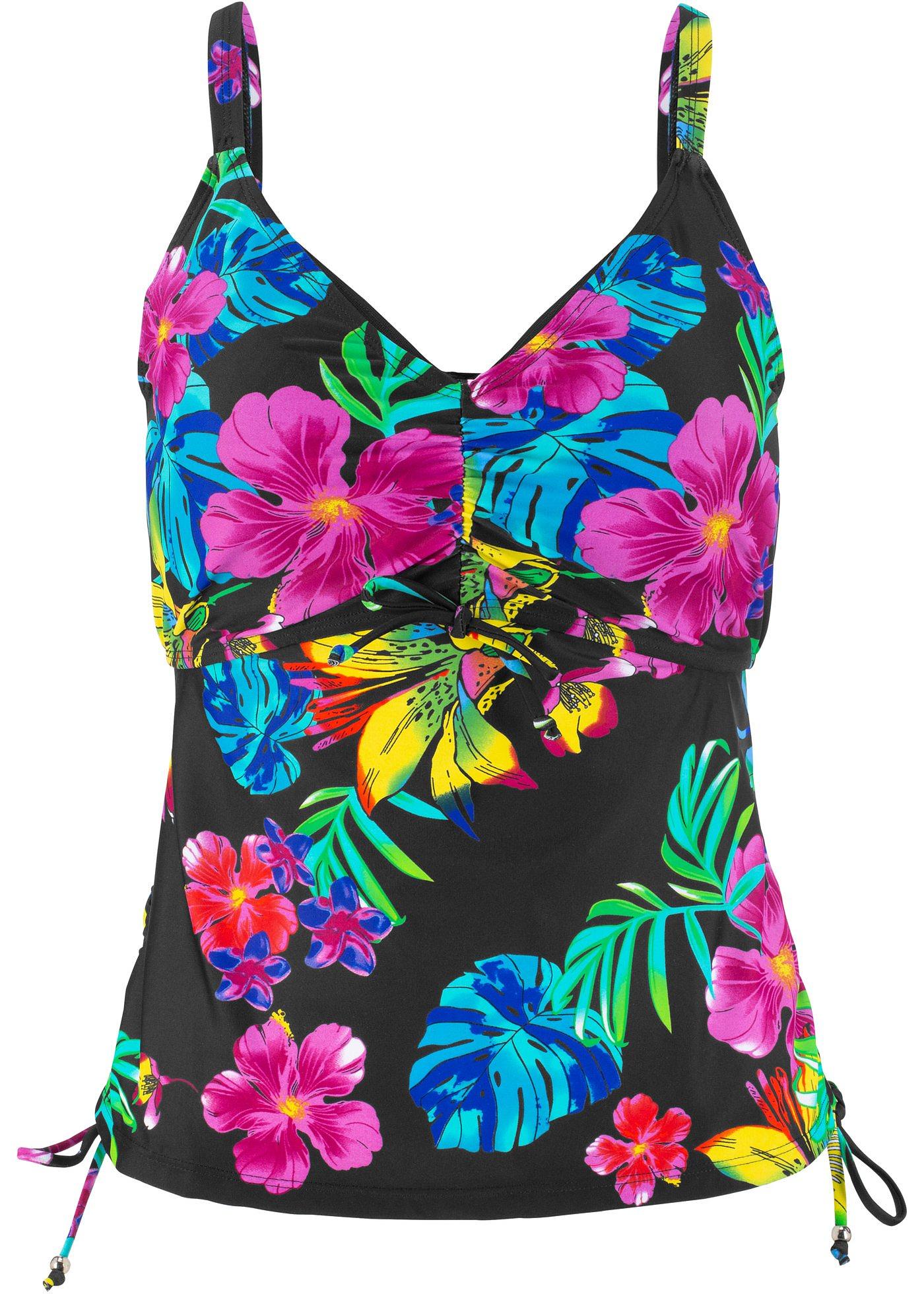 Schönes Minimizer Bügel Tankini Oberteil schwarz bedruckt, Cup F