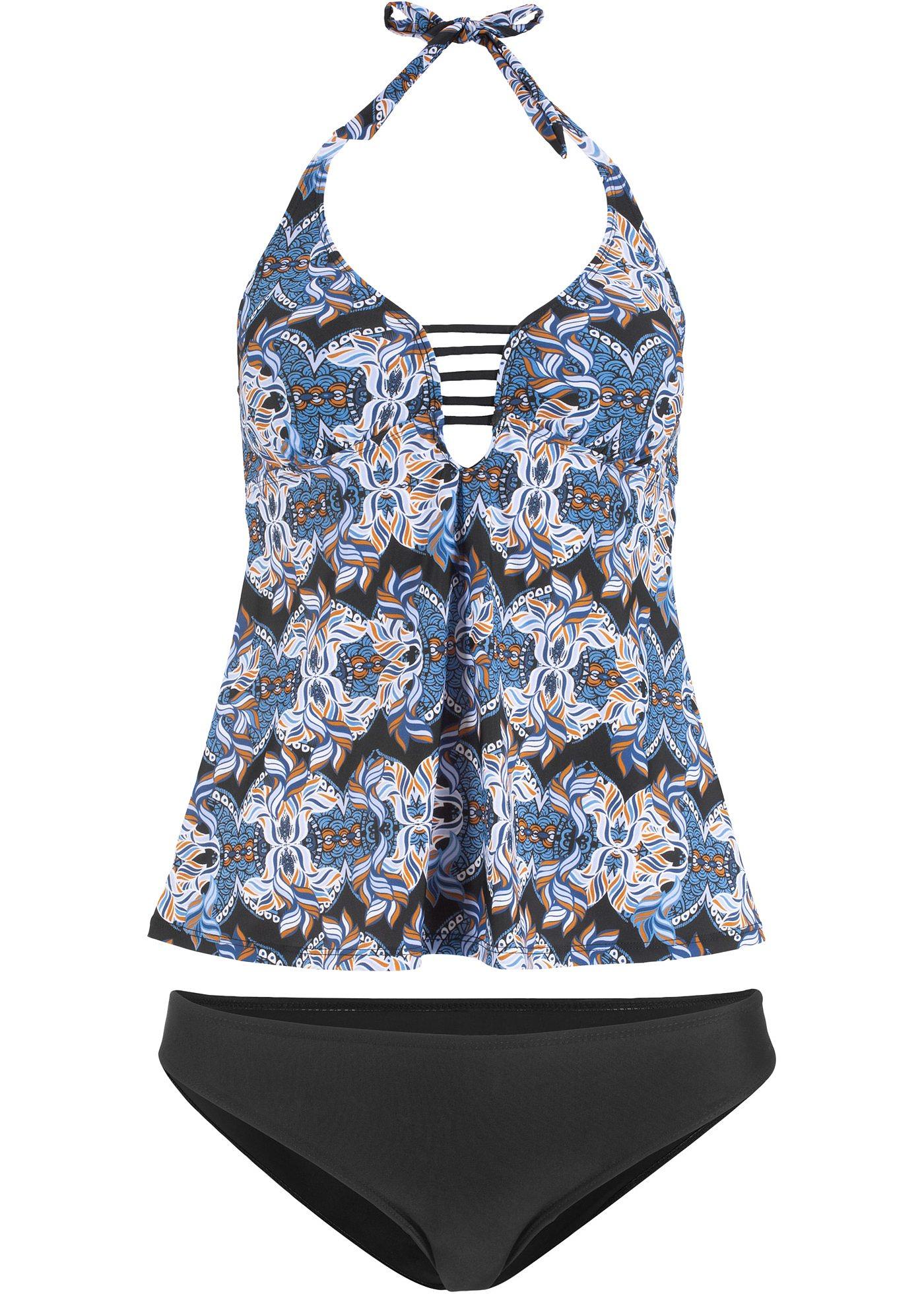 Modischer Tankini mit tiefem Ausschnitt schwarz bedruckt