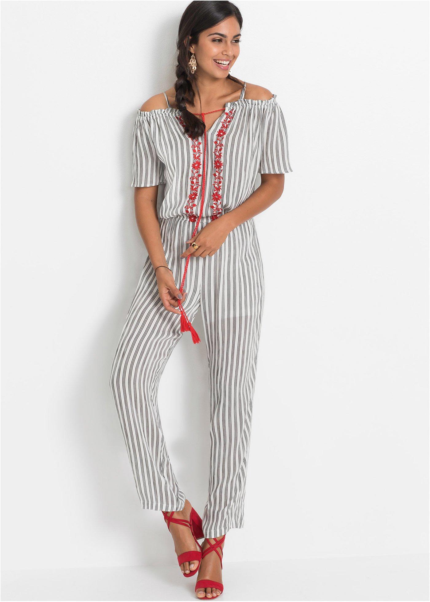Modischer CarmenJumpsuit mit kontrastfarbiger Stickerei wollweiß
