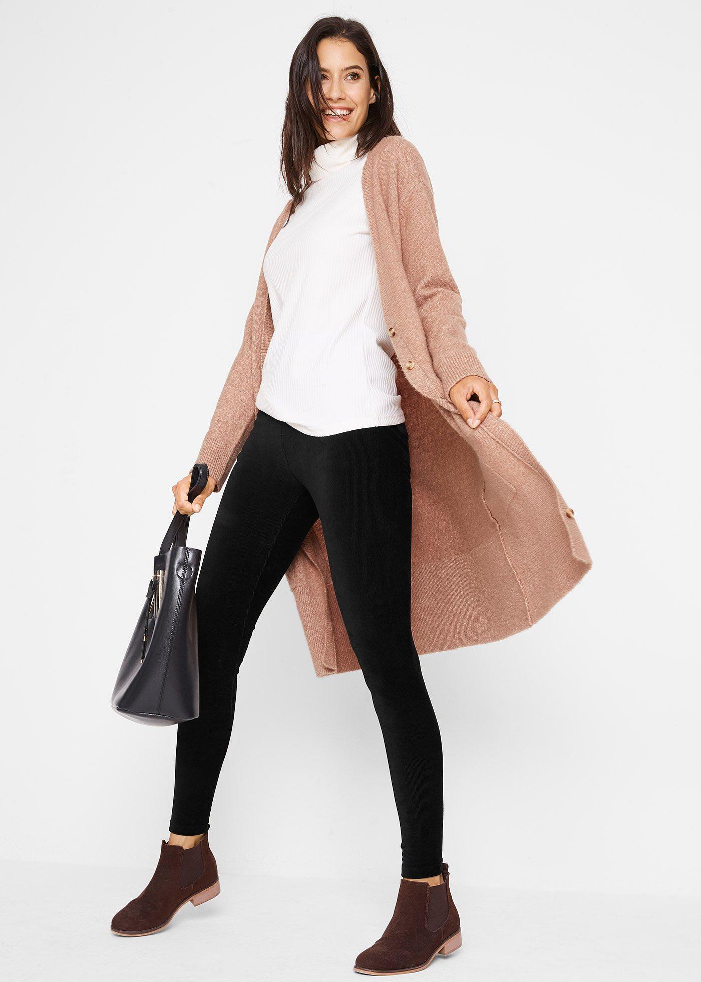 Legginsy ze sztruksu w drobny prążek, z wygodnym szerokim paskiem - Bonprix