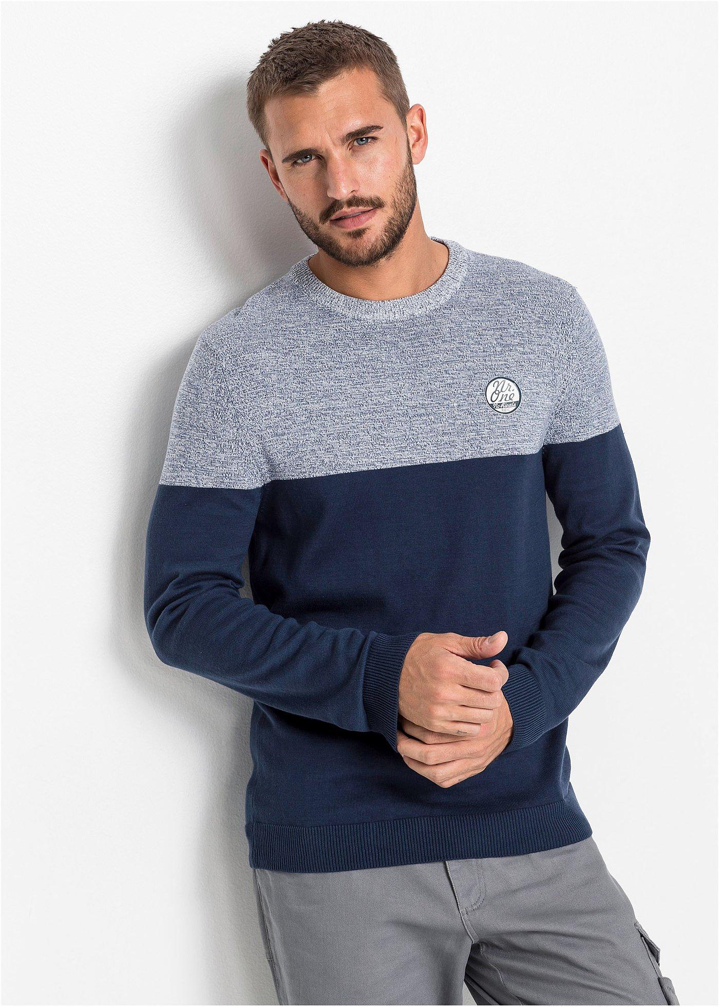 Sweter z gładkiej dzianiny we wzór colourblocking, z bawełną - Bonprix