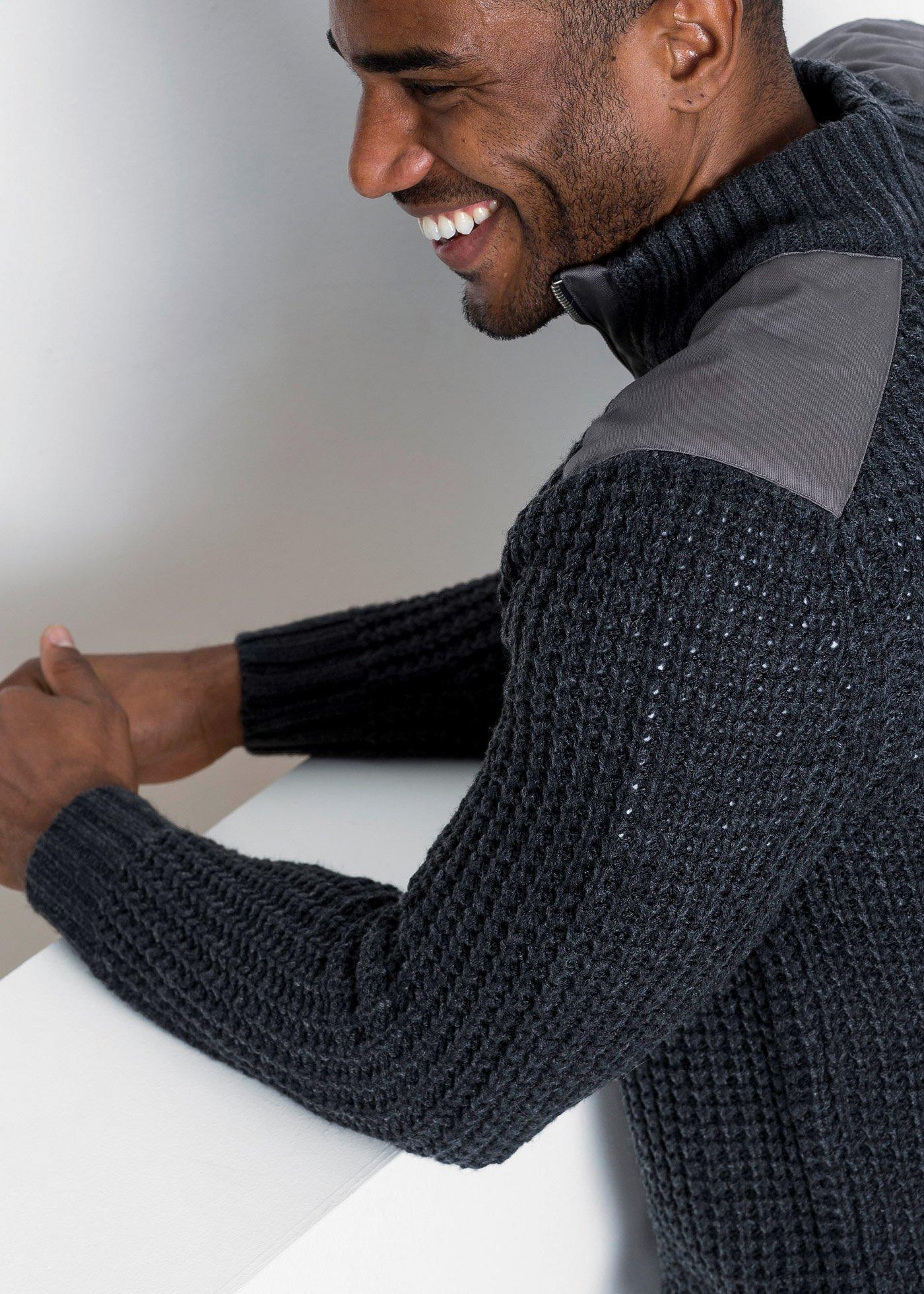 Sweter ze stójką z grubej dzianiny ze wstawkami - Bonprix