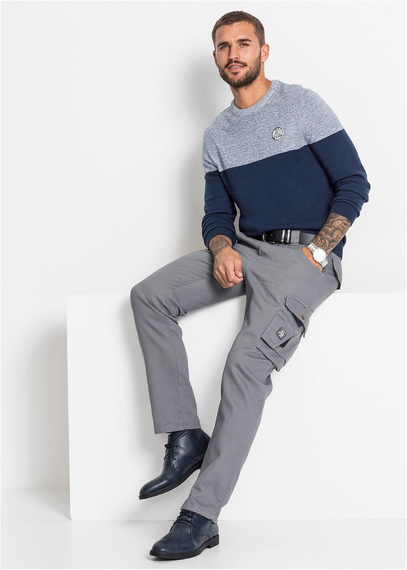 Sweter z gładkiej dzianiny we wzór colourblocking, z bawełną - Bonprix