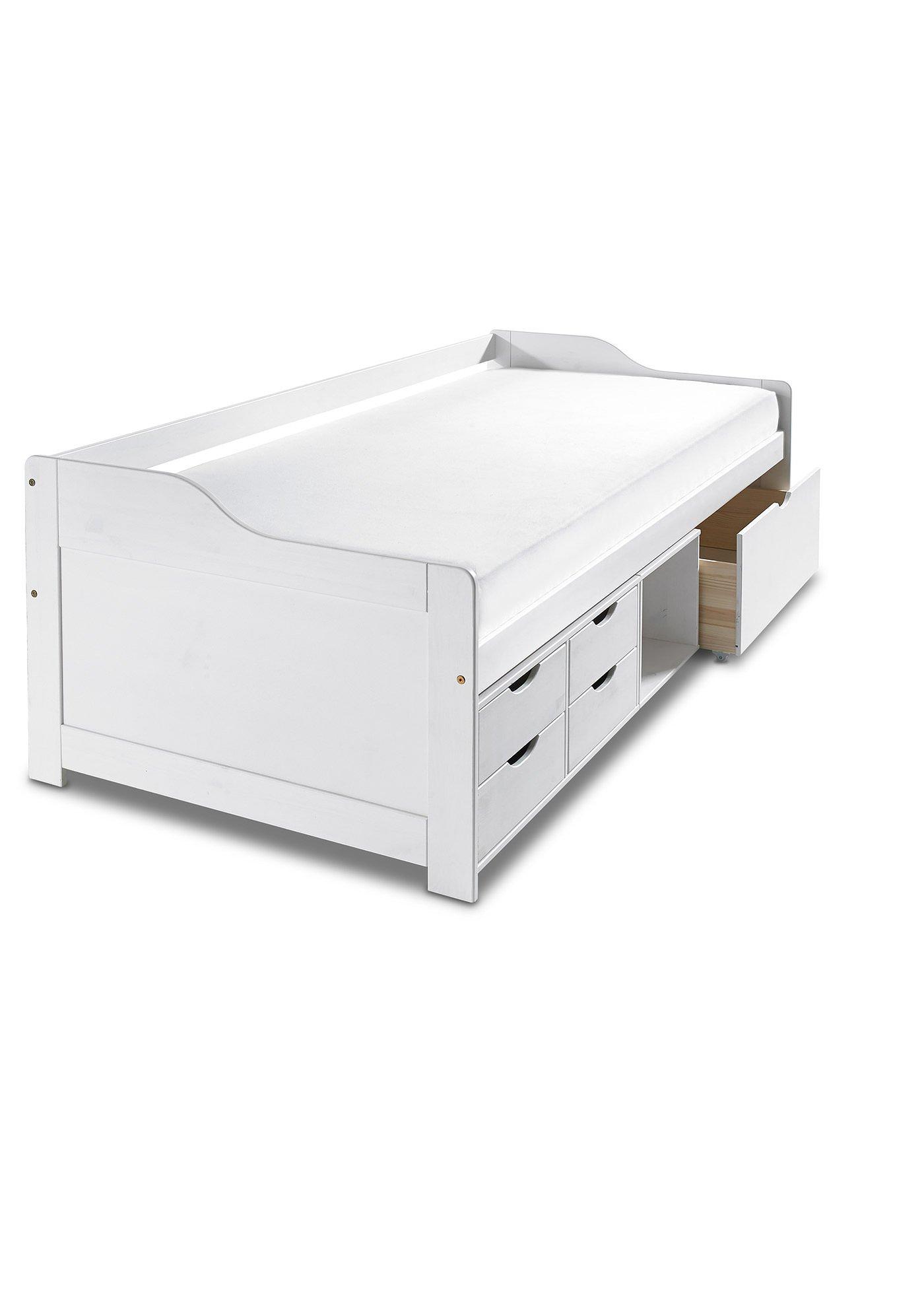 Robustes Bett mit viel Stauraum - weiß