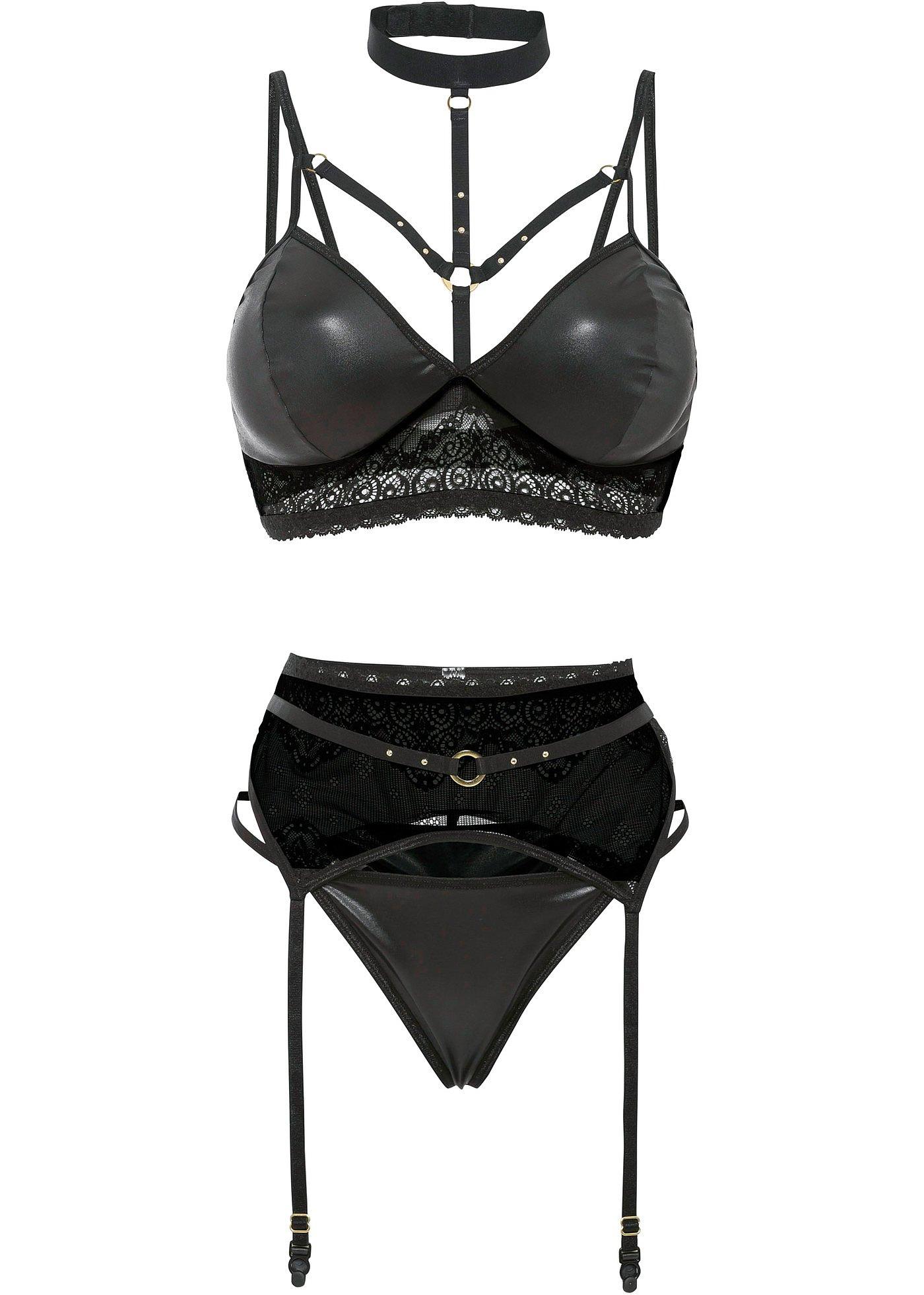 Bralette+String+Strapshalter mit Wetlook (3-tlg.Set)