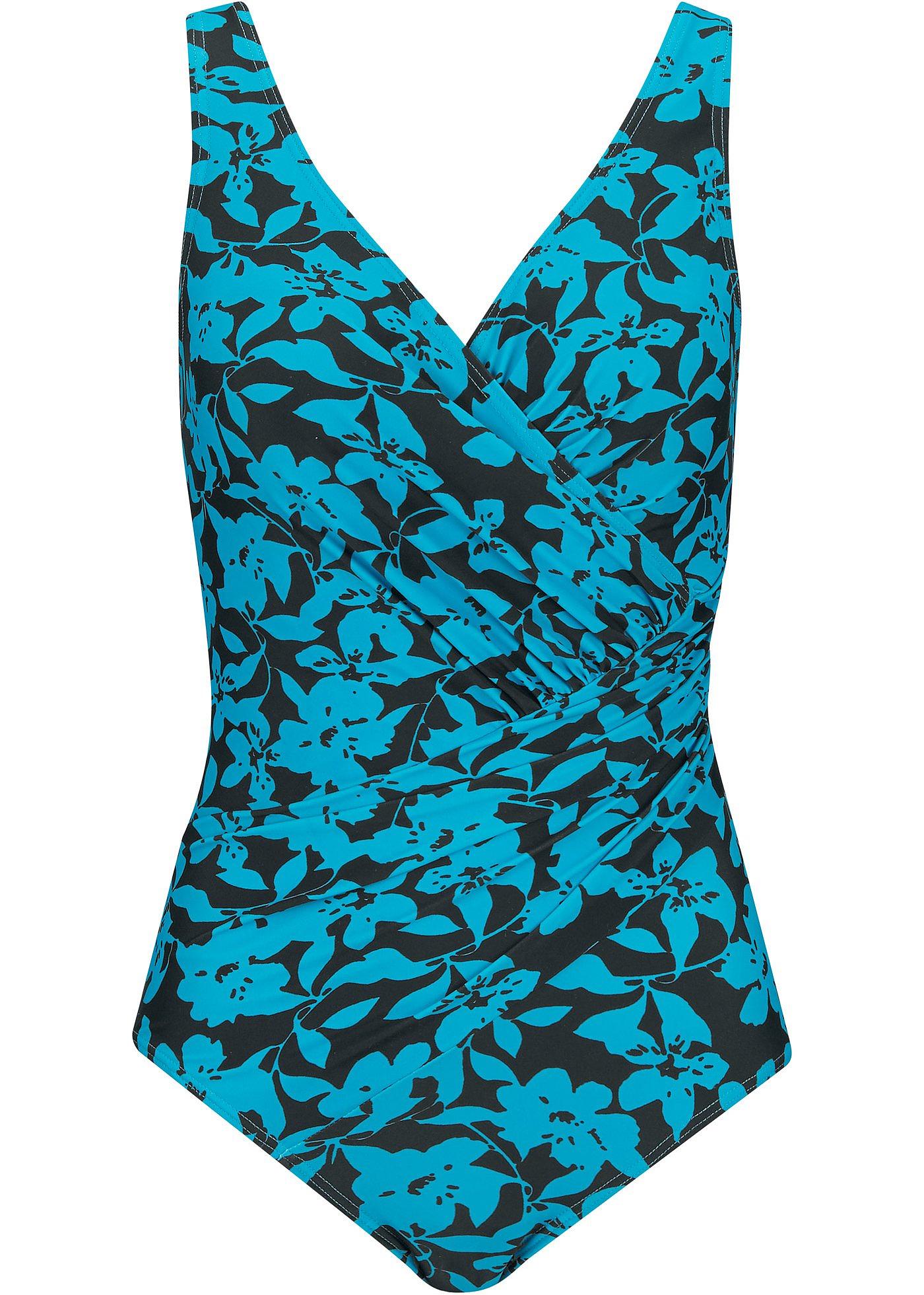 Attraktiver TallShape Badeanzug extra für längere Oberkörper schwarz/türkis geblümt