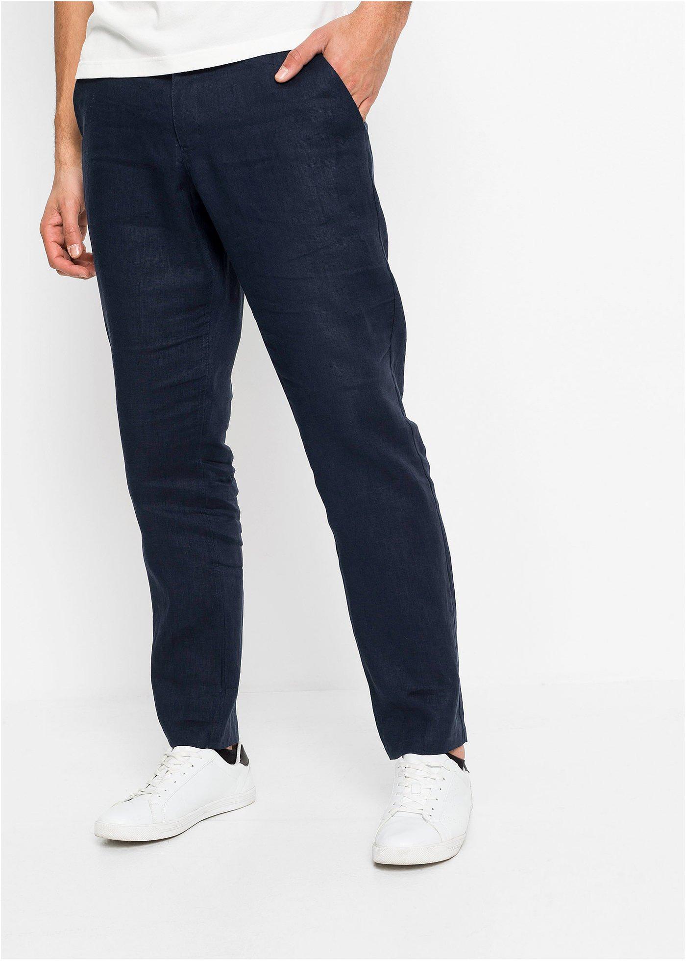 Spodnie lniane Regular Fit Straight z wygodnym paskiem - Bonprix