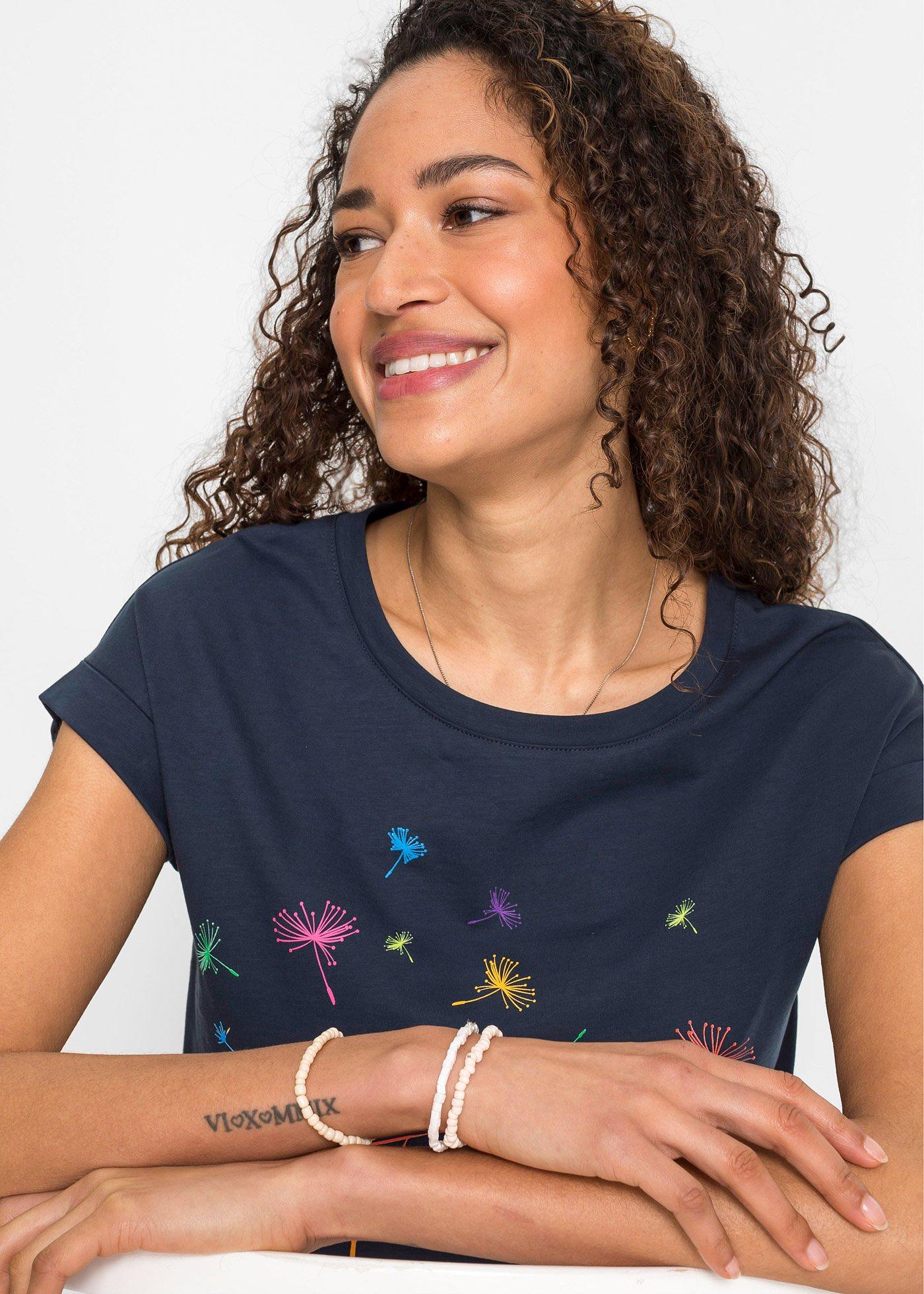 T-shirt z nadrukiem z roślinnym motywem - Bonprix