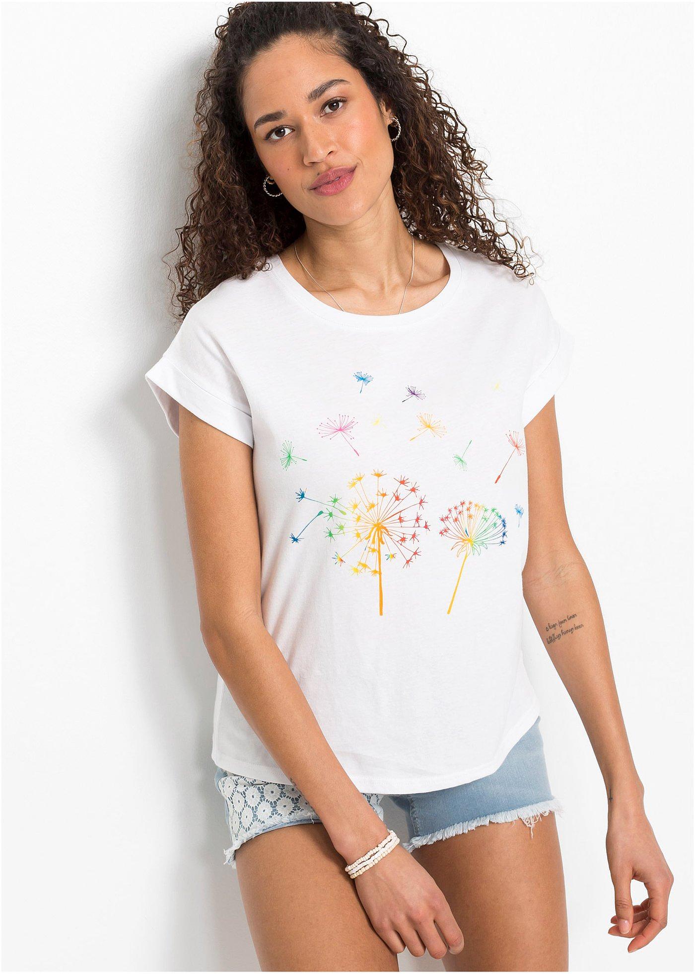 T-shirt z nadrukiem z roślinnym motywem - Bonprix