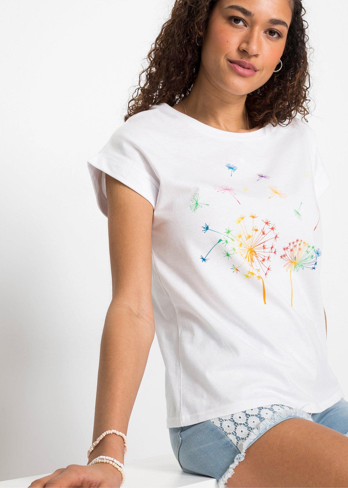 T-shirt z nadrukiem z roślinnym motywem - Bonprix