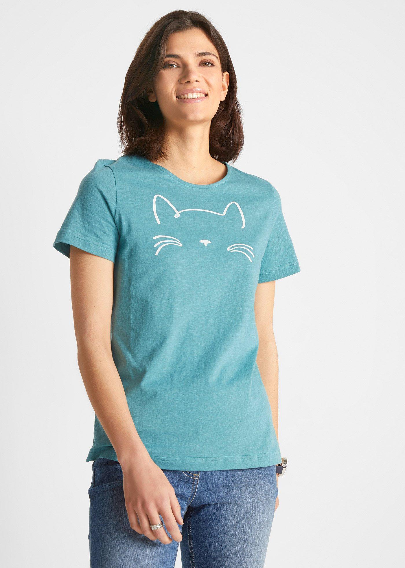 Shirt z krótkim rękawem i nadrukiem z motywem kota - Bonprix