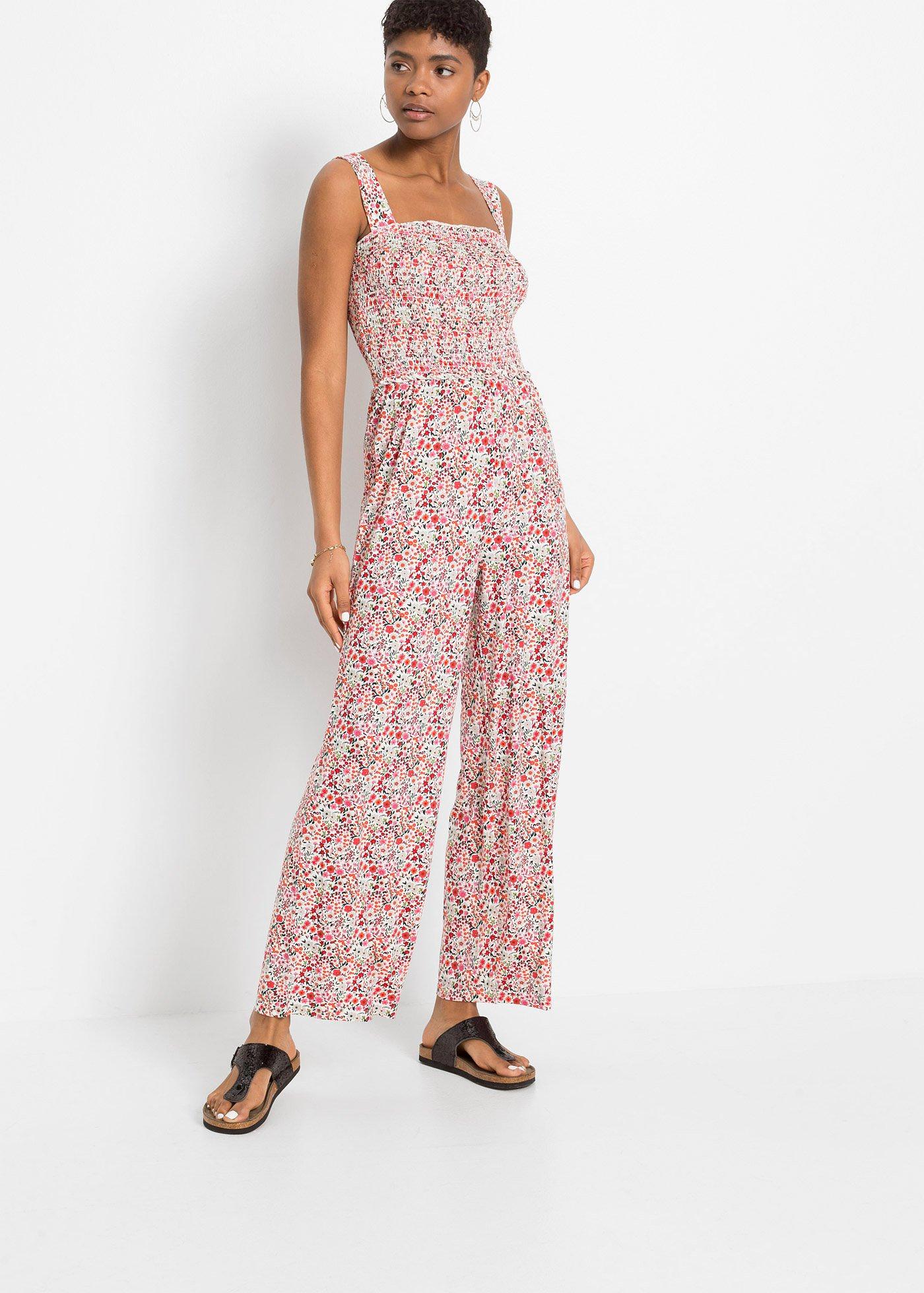 Jumpsuit mit SmockEinsatz aus nachhaltiger Viskose naturbeige geblümt