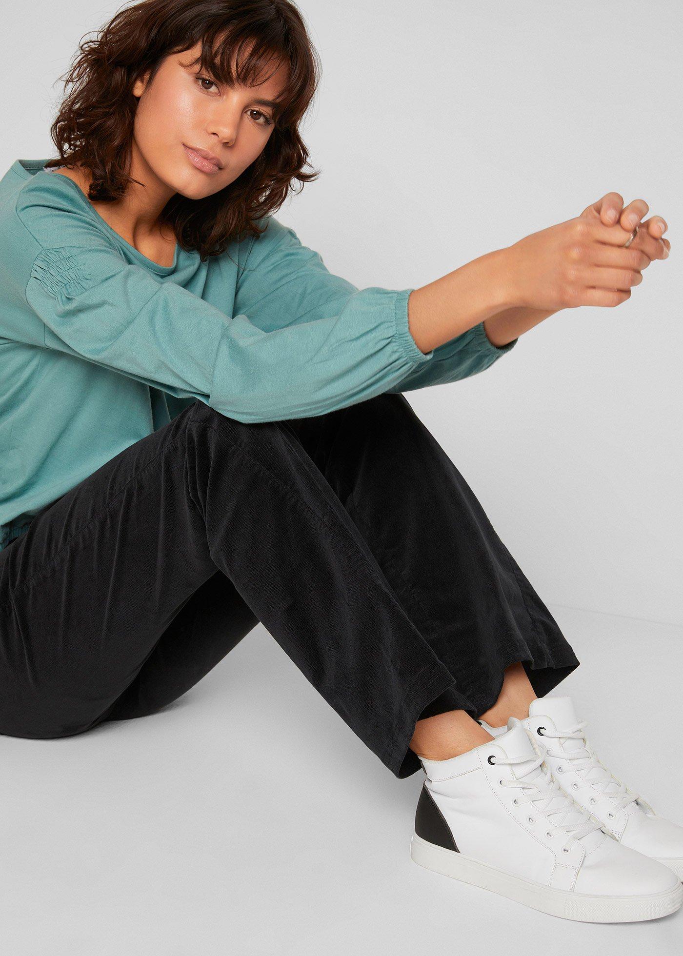 Spodnie sztruksowe dzwony ze stretchem high-waist z wygodnym paskiem - Bonprix