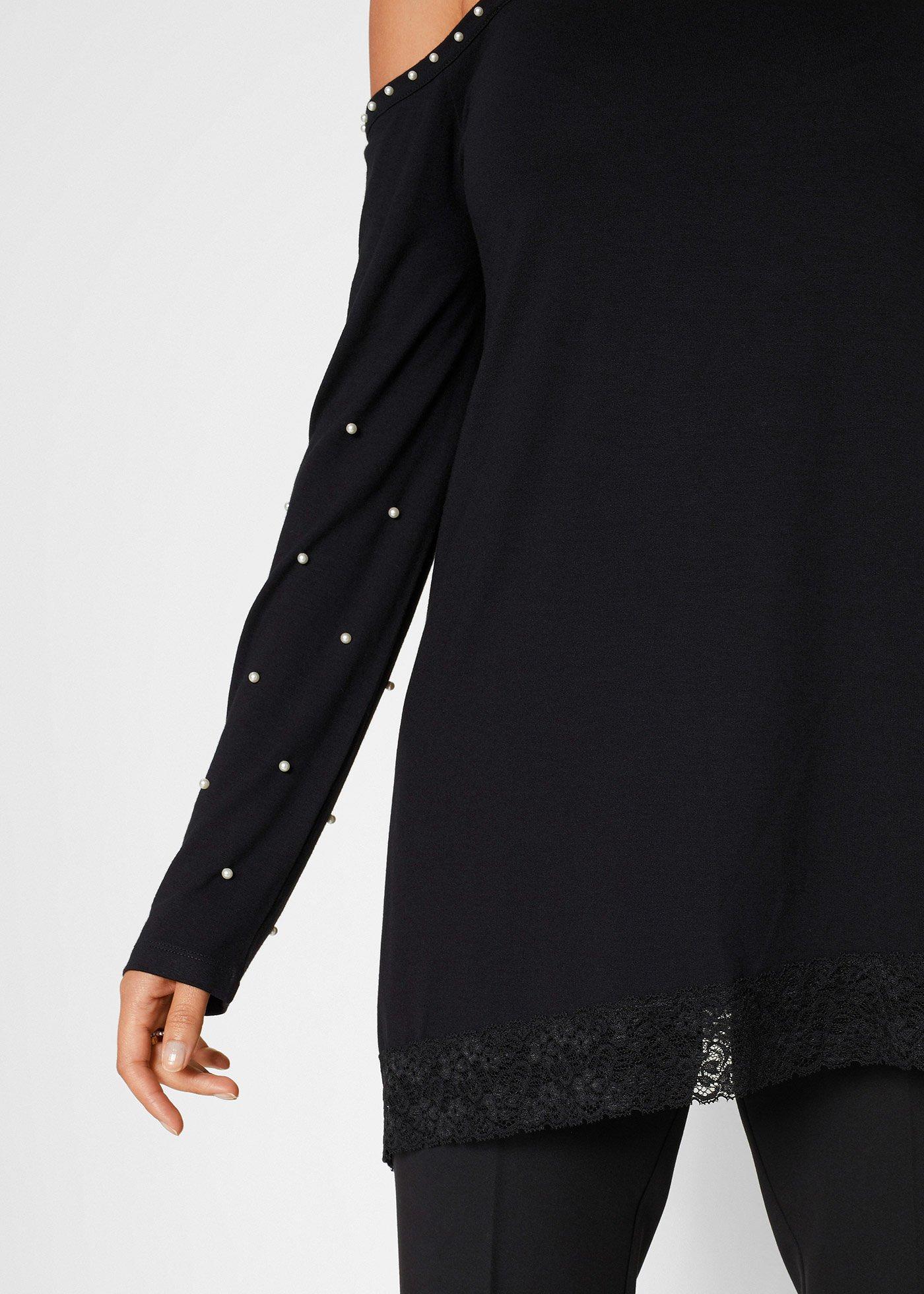 Shirt cold-shoulder z koronką i perełkami - Bonprix