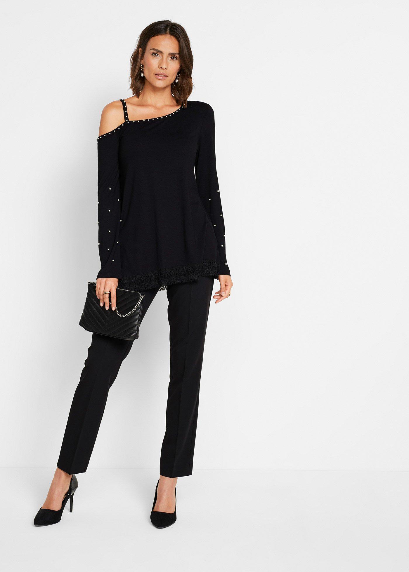 Shirt cold-shoulder z koronką i perełkami - Bonprix