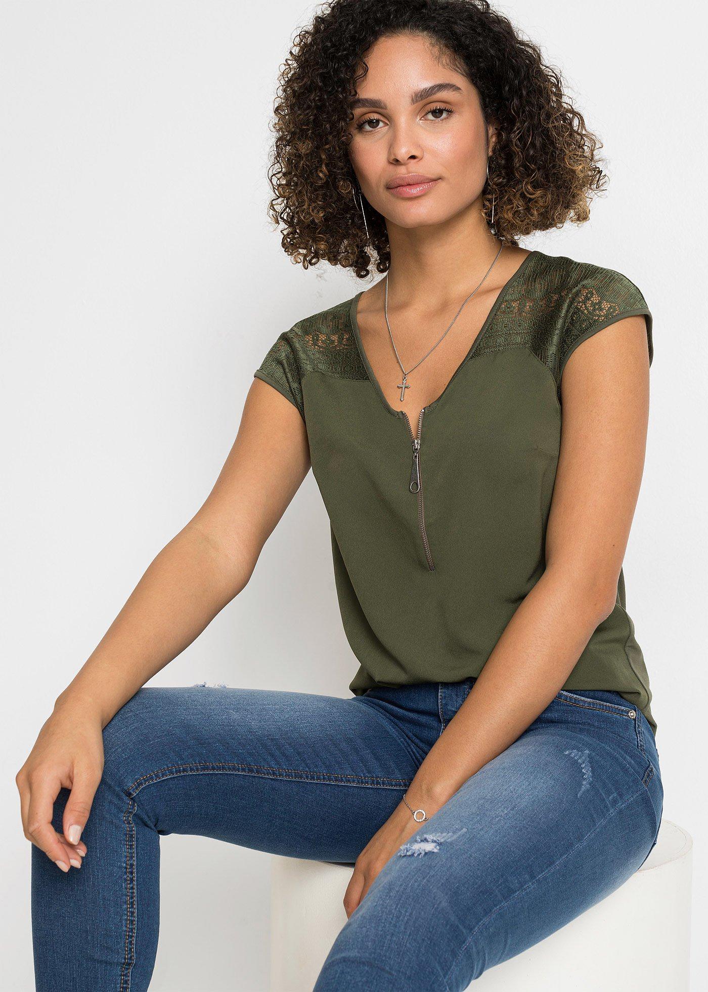 Shirt z koronkową wstawką - Bonprix