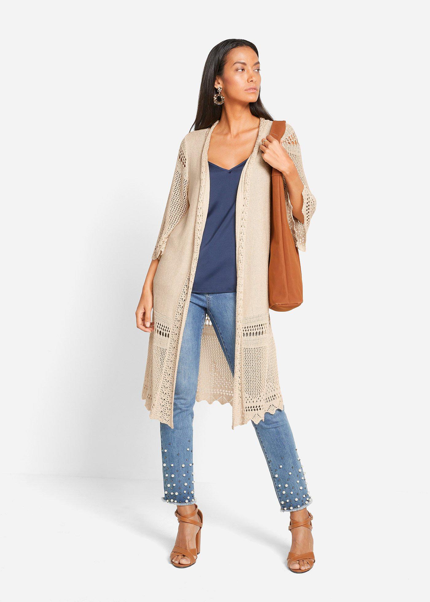 Długi sweter ażurowy bez zapięcia - Bonprix