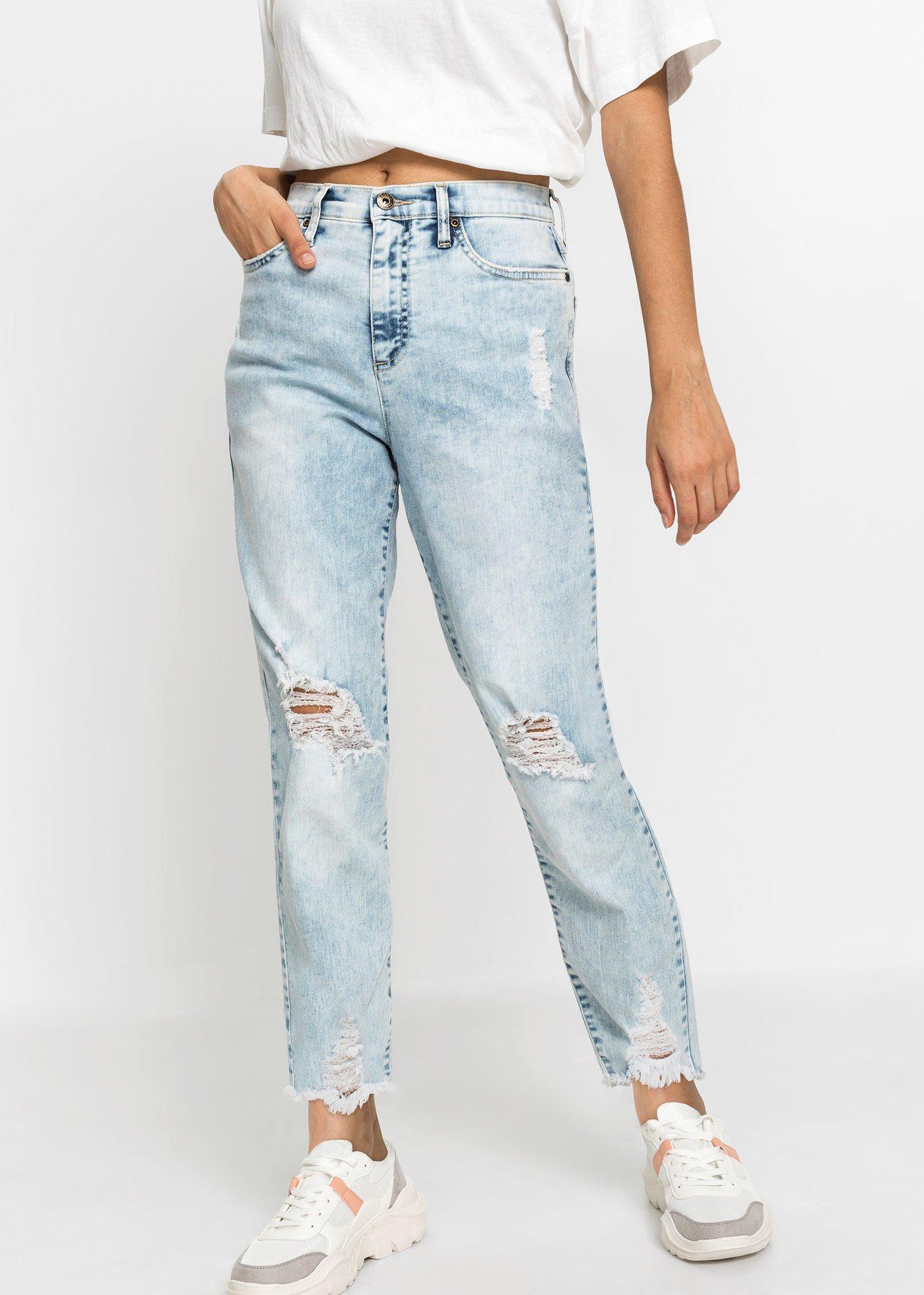 Dżinsy Mom high waist z ozdobnymi przetarciami - Bonprix