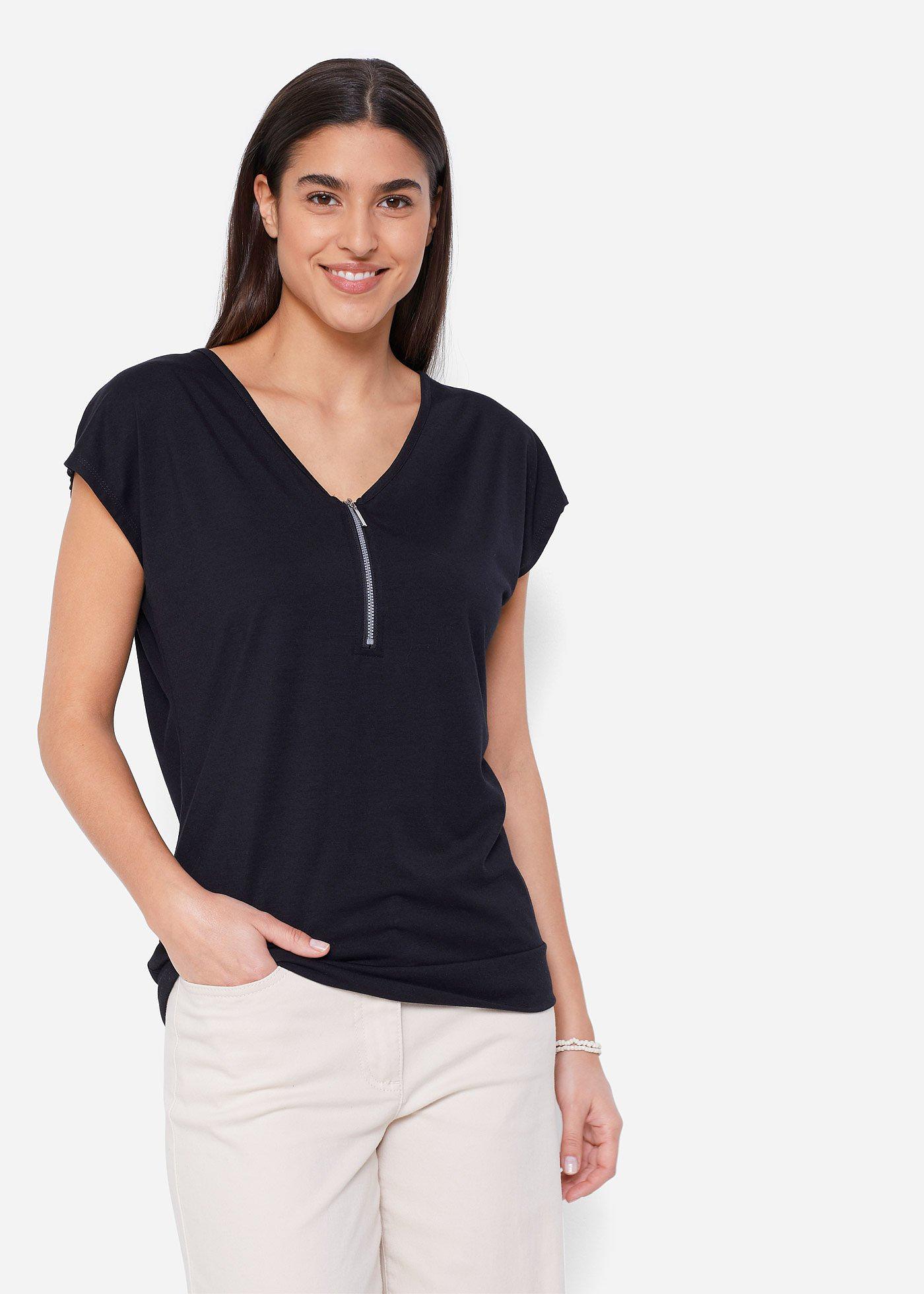 T-shirt z zamkiem, krótki rękaw - Bonprix