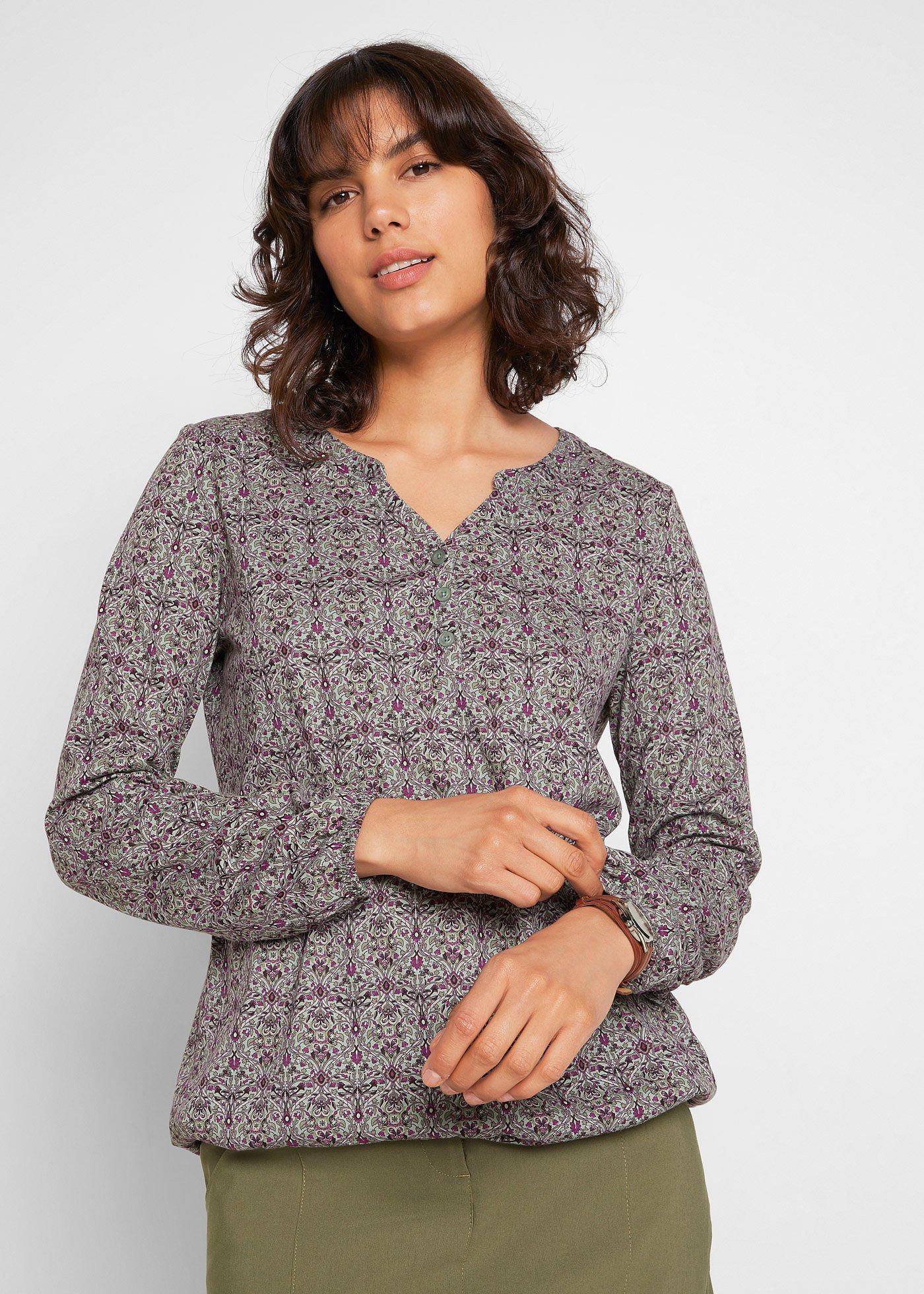 Shirt z długim rękawem, dekoltem henley i nadrukiem - Bonprix