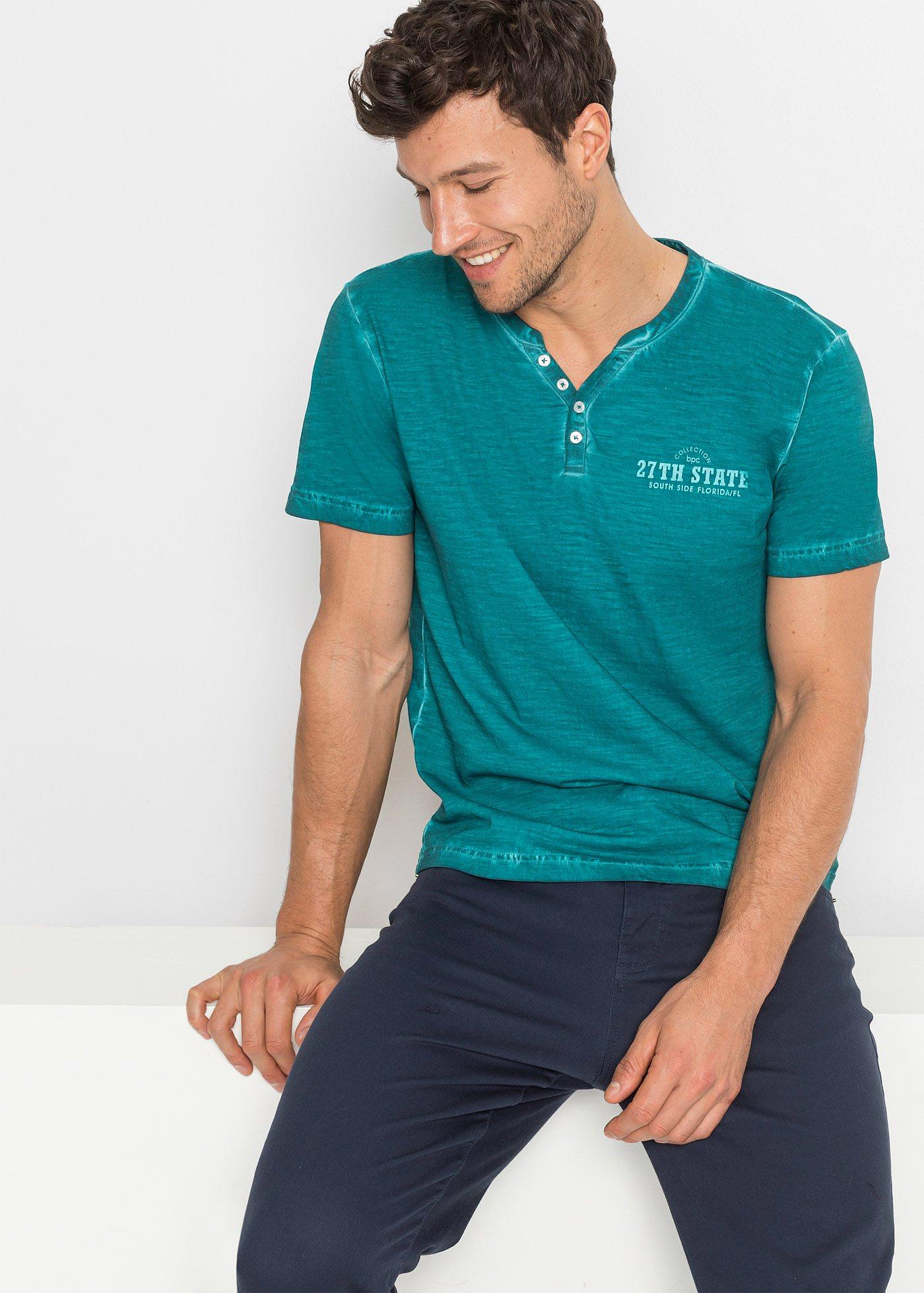 T-shirt z dekoltem henley z krótkim rękawem, z efektem sprania, z czystej bawełny organicznej - Bonprix