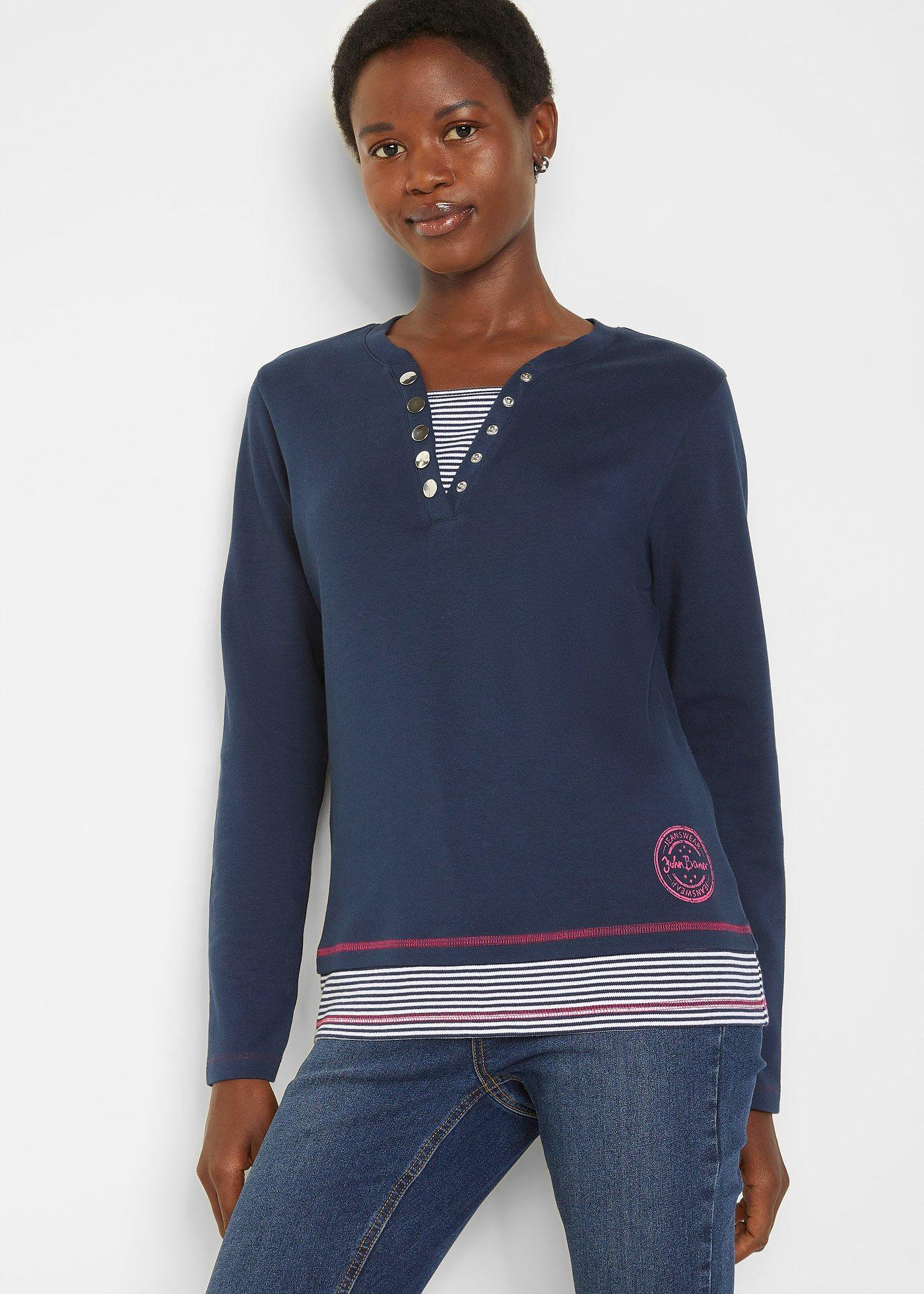Shirt bawełniany z długim rękawem, w optyce 2 w 1 - Bonprix