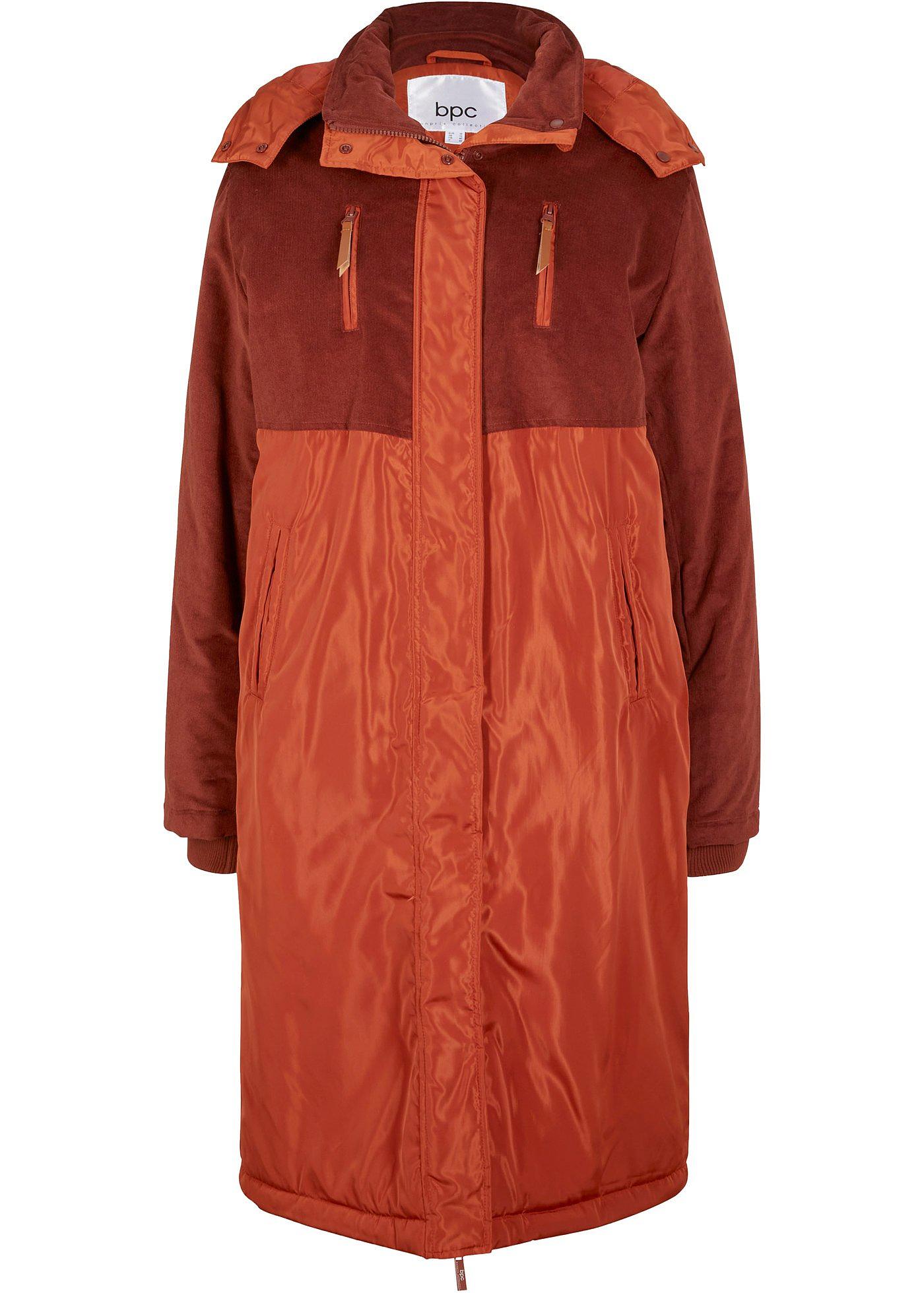 Long-Parka mit Kapuze und Materialmix, gerade geschnitten