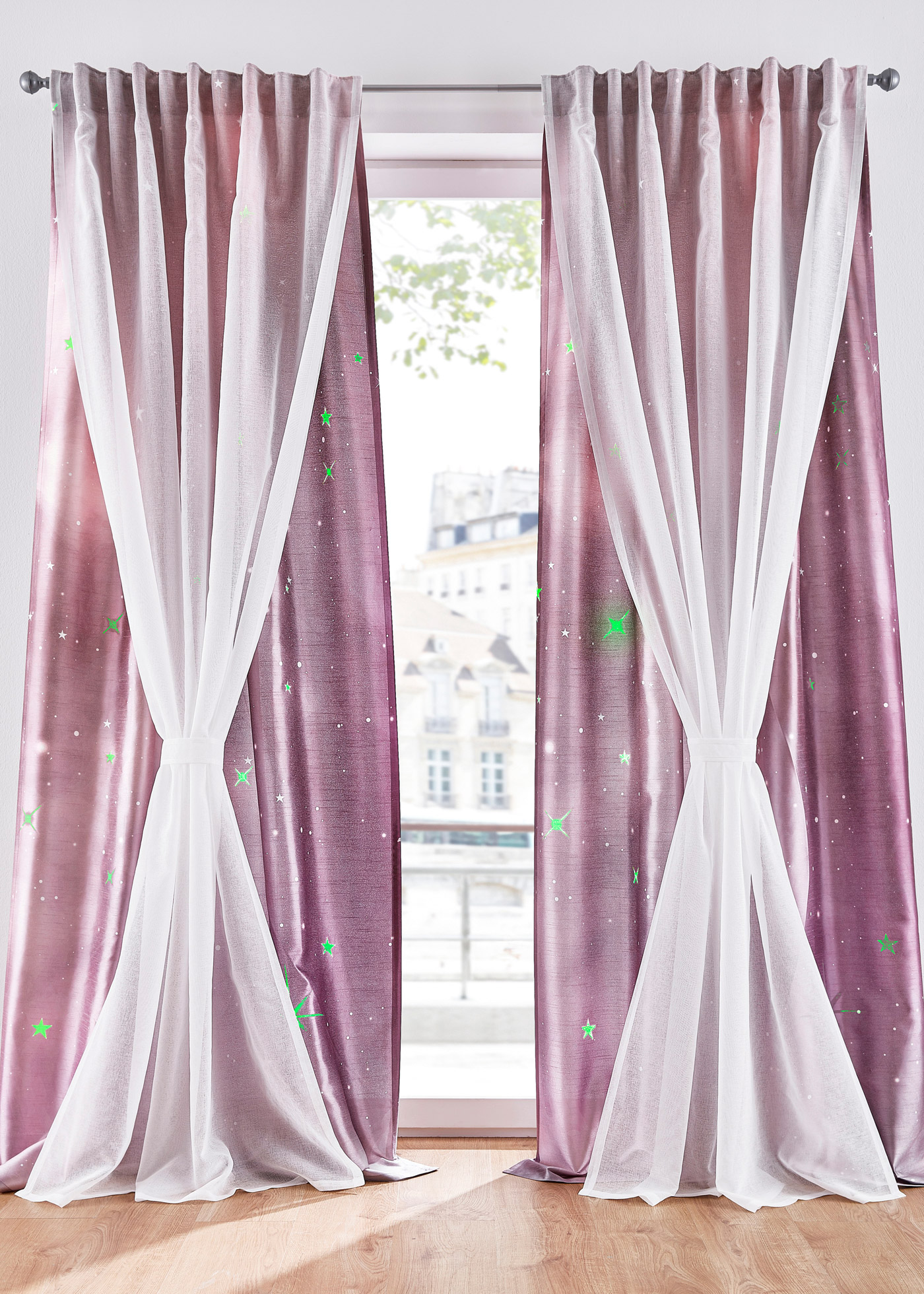 2-lagiger Vorhang mit Leuchteffekt inkl. Raffhalter