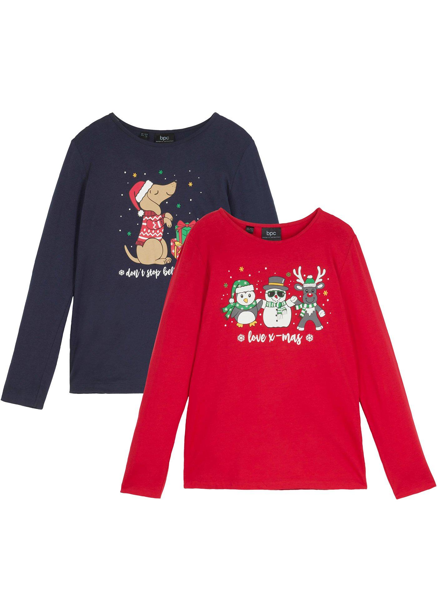 Shirt dziewczęcy z długim rękawem i bożonarodzeniowym nadrukiem (2 szt.), z bawełny organicznej - Bonprix