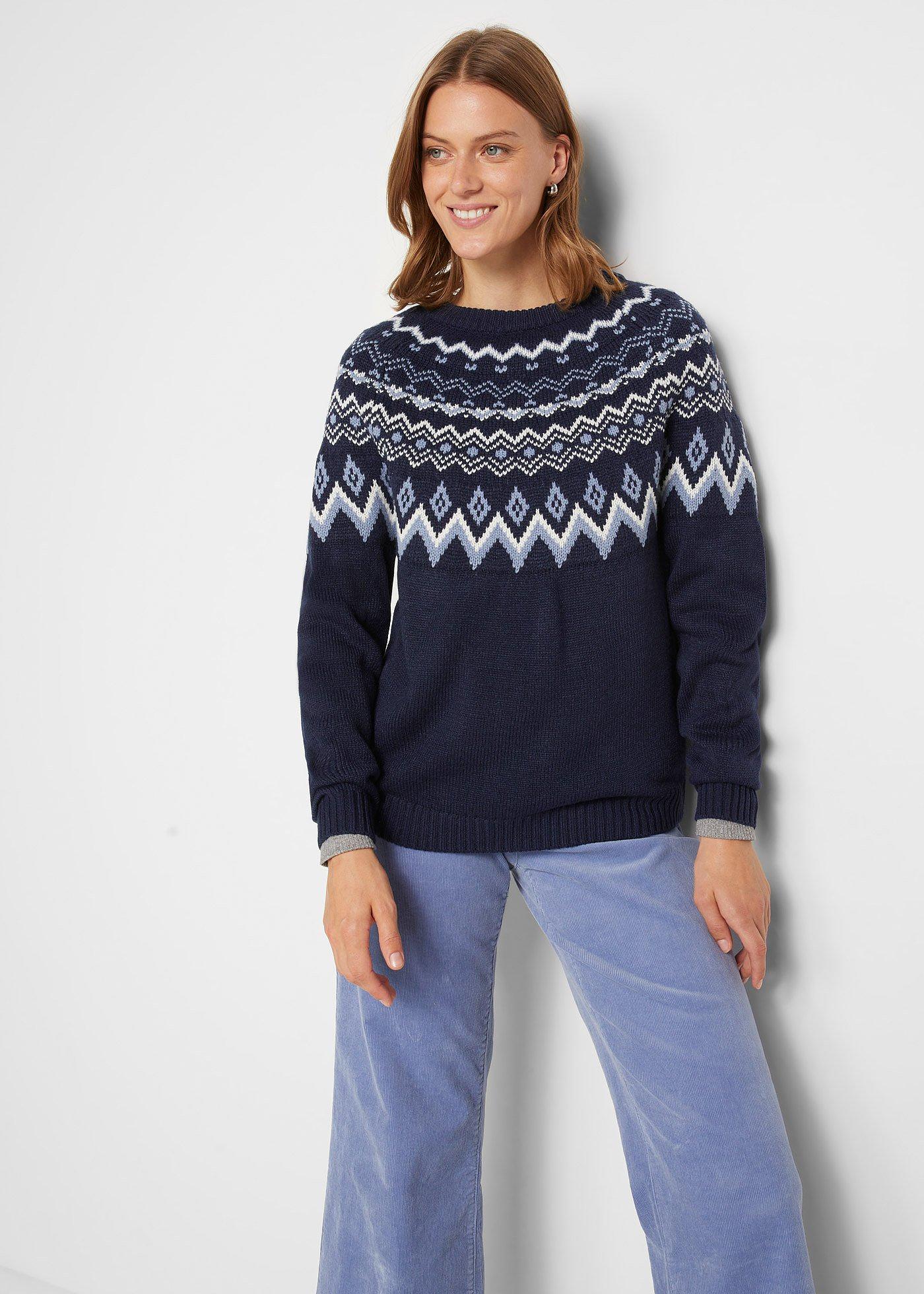 Sweter z płytkim dekoltem, w norweski wzór - Bonprix
