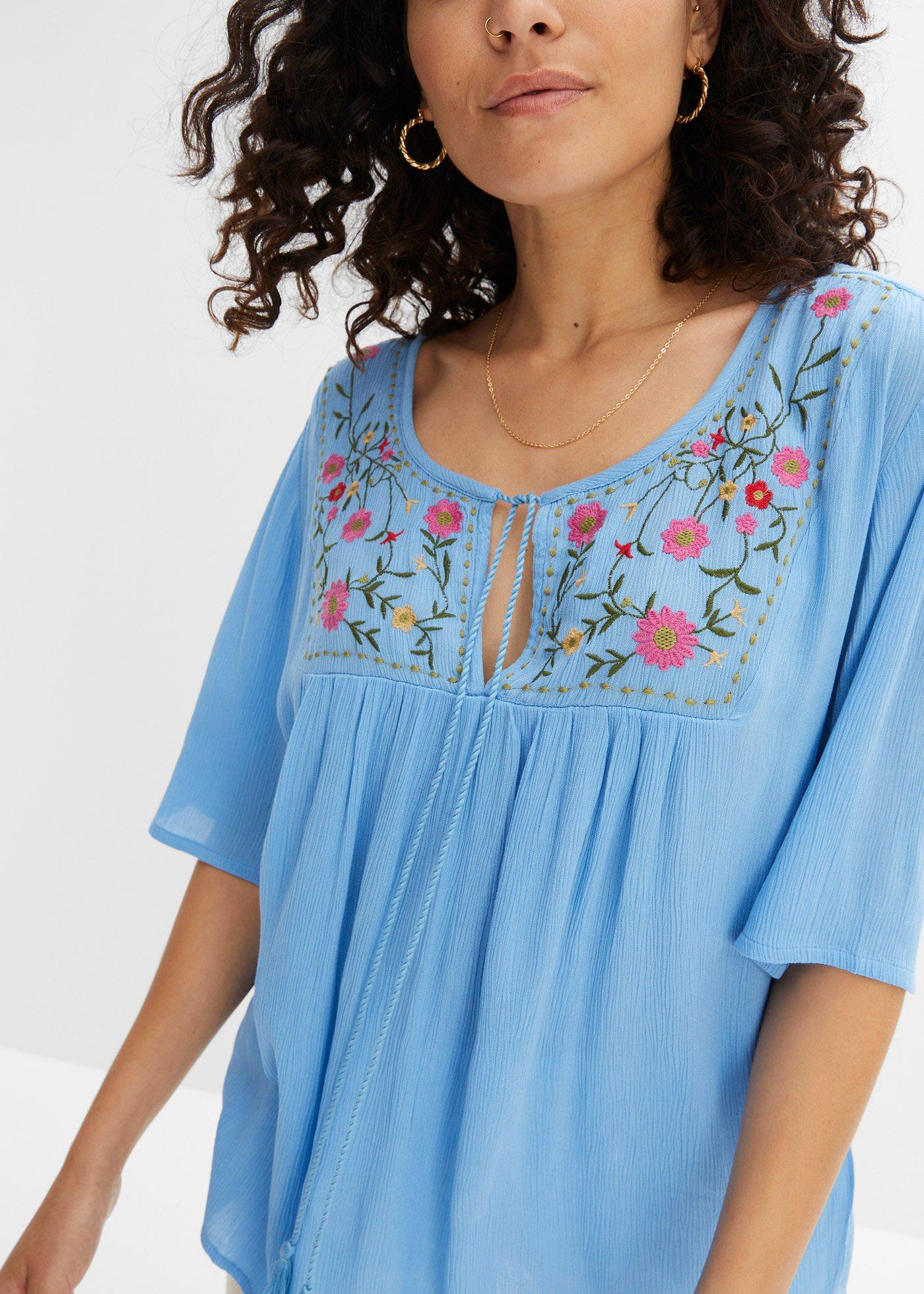 Tunika z haftem z miękkiej kreskowanej wiskozy - Bonprix