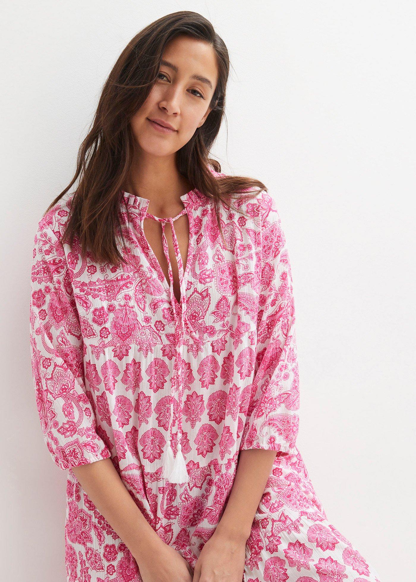 Długa sukienka z bawełny kreszowanej z kieszeniami i rękawami 3/4 - Bonprix