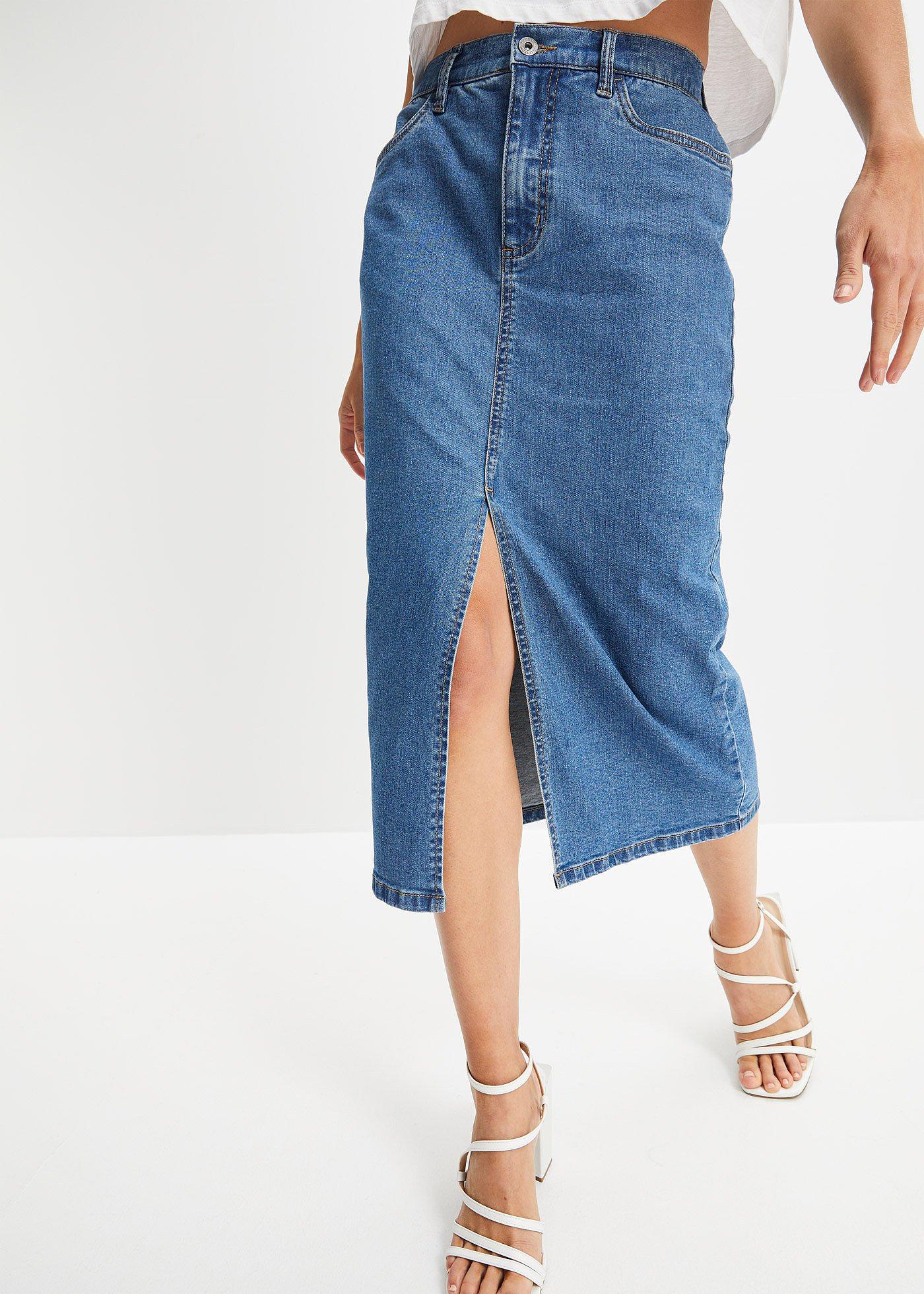 Długa spódnica dżinsowa z rozcięciem, z materiału Positive Denim #1 Fabric - Bonprix