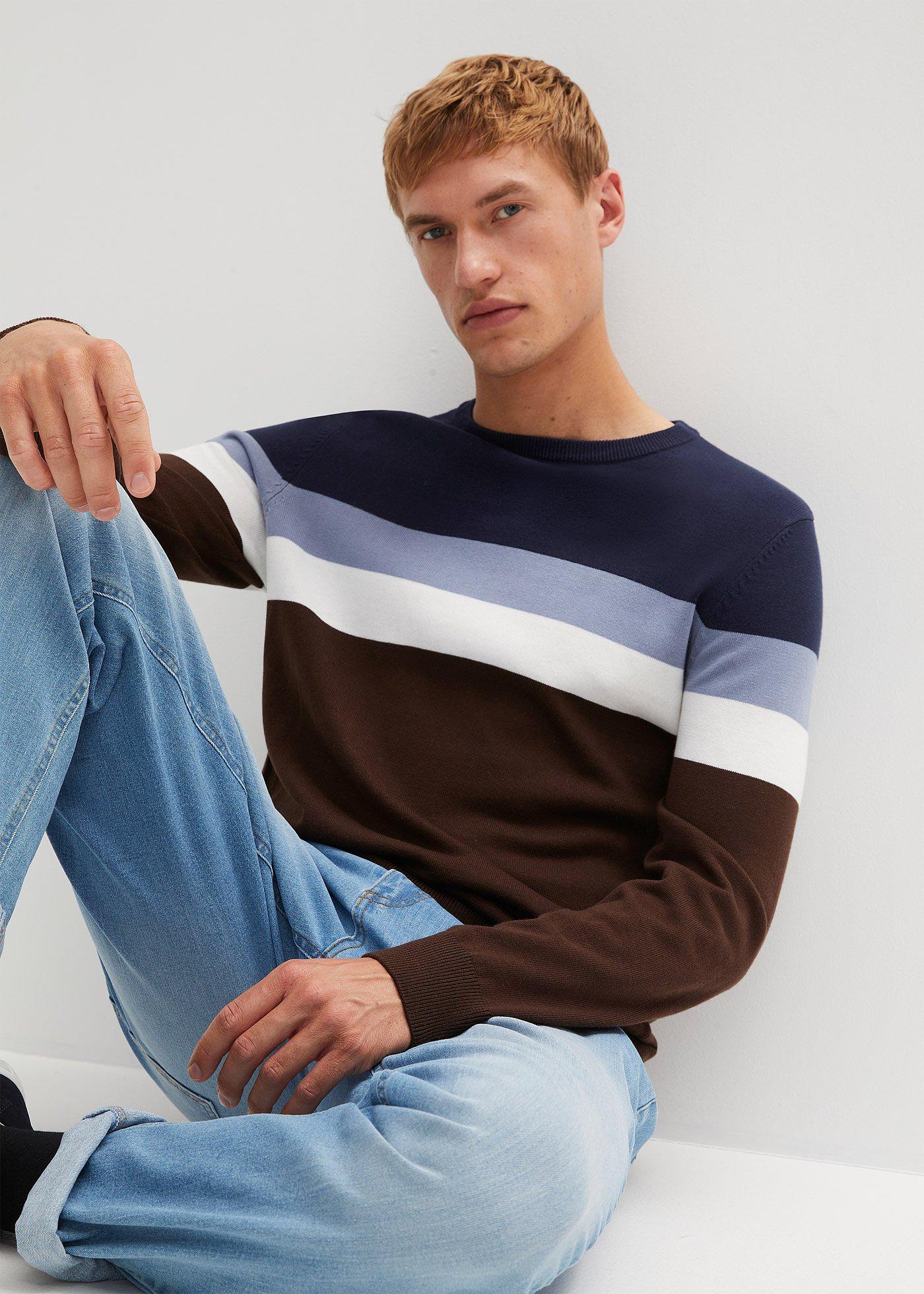 Sweter z dzianiny o splocie drobnych oczek, we wzór colourblocking, z bawełny - Bonprix