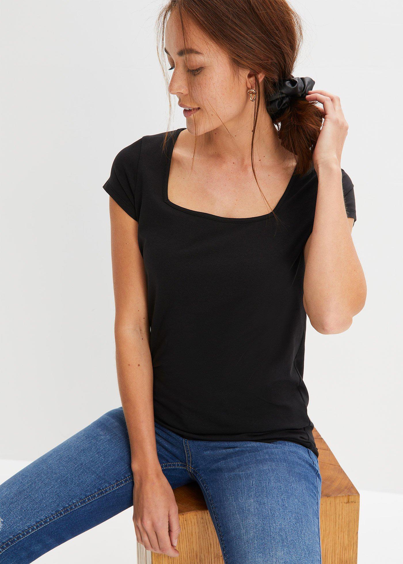 Shirt z krótkim rękawem i dekoltem karo - Bonprix
