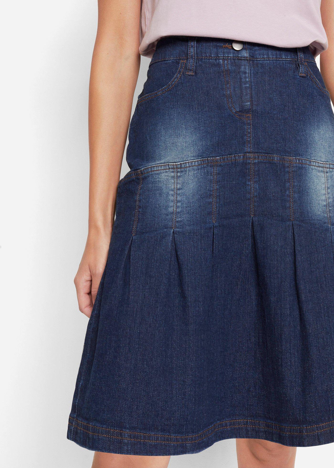 Spódnica dżinsowa z zakładkami i wygodnym paskiem, fason o linii litery A - Bonprix