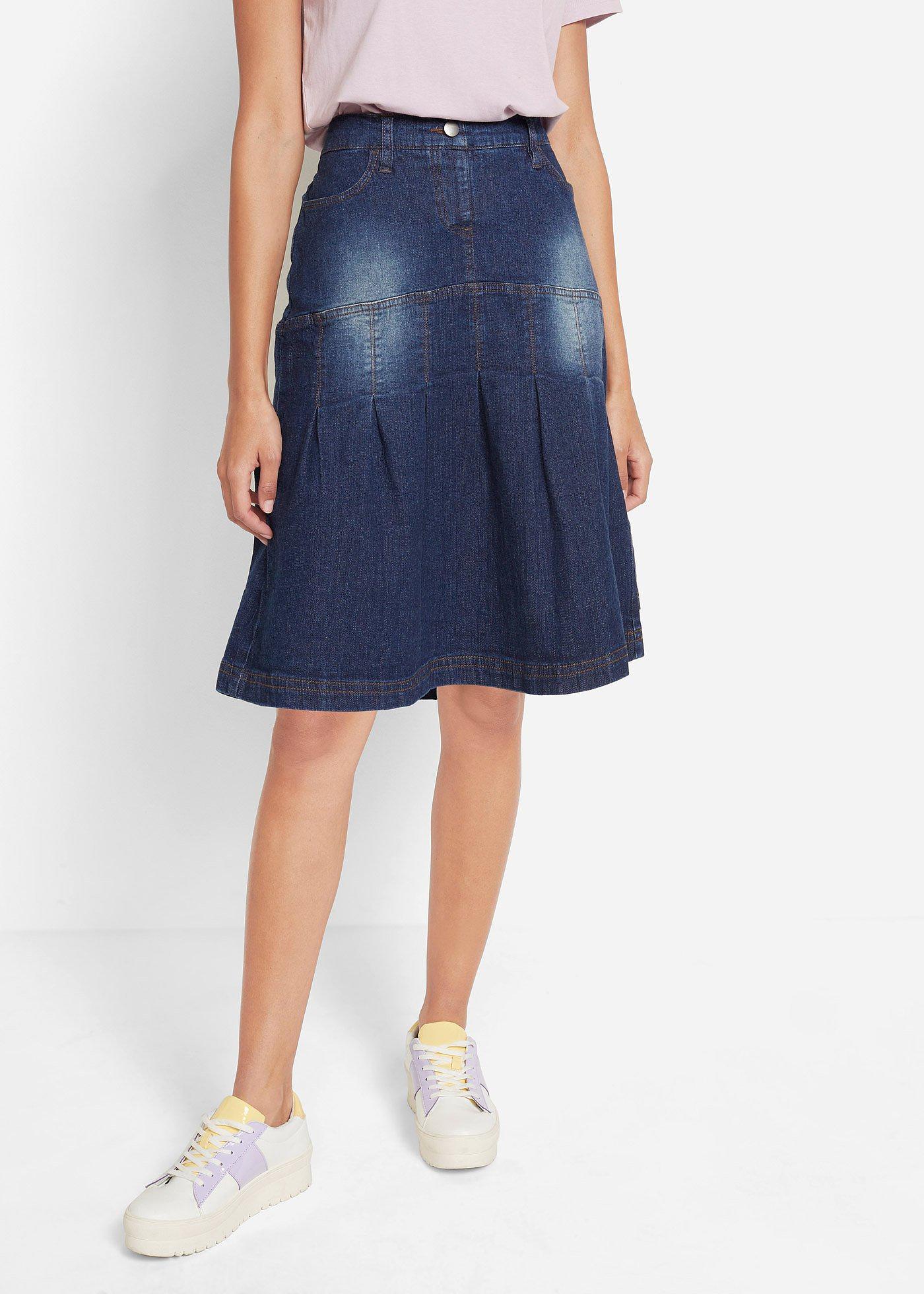 Spódnica dżinsowa z zakładkami i wygodnym paskiem, fason o linii litery A - Bonprix