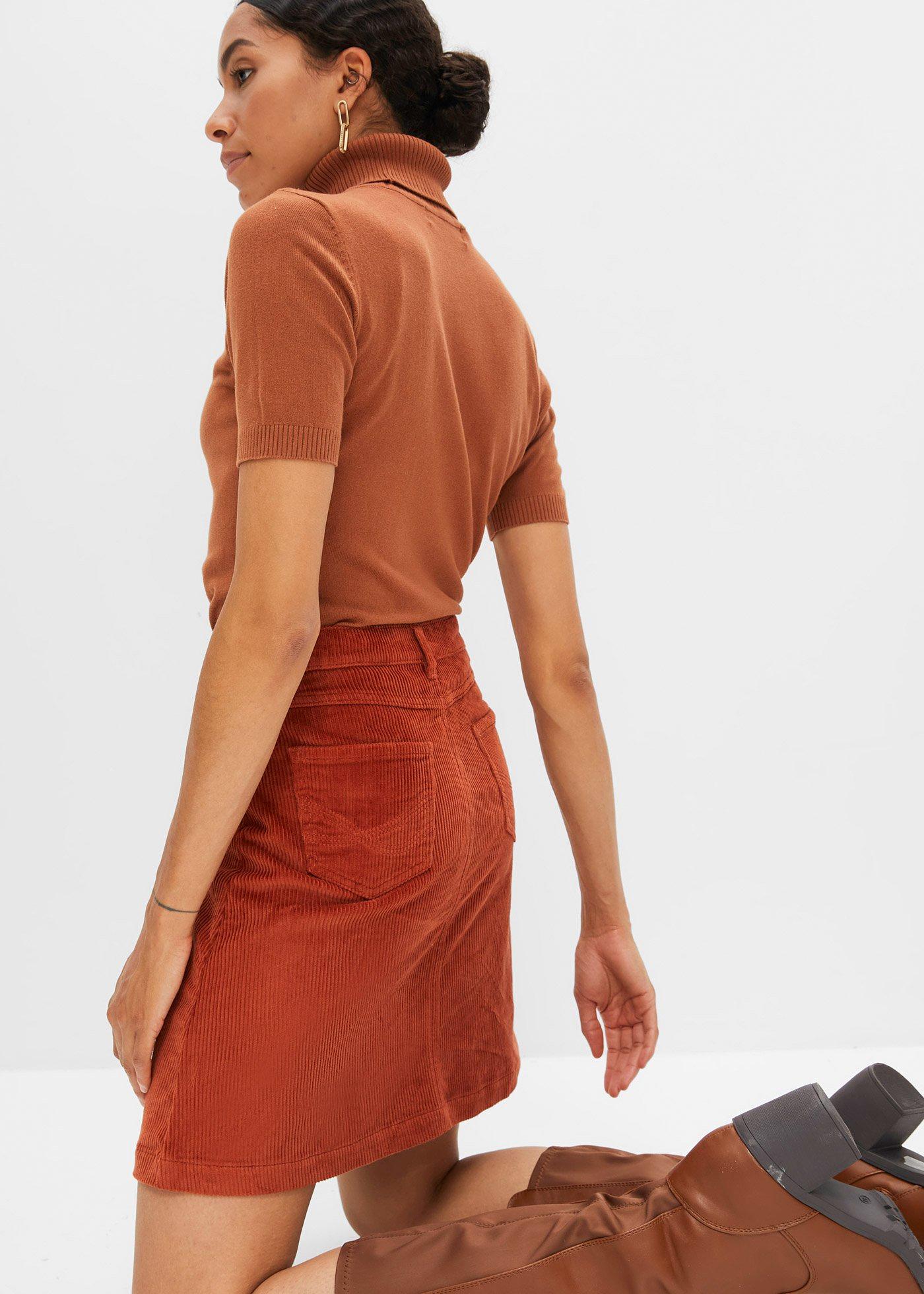 Spódnica sztruksowa ze stretchem i plisą guzikową - Bonprix