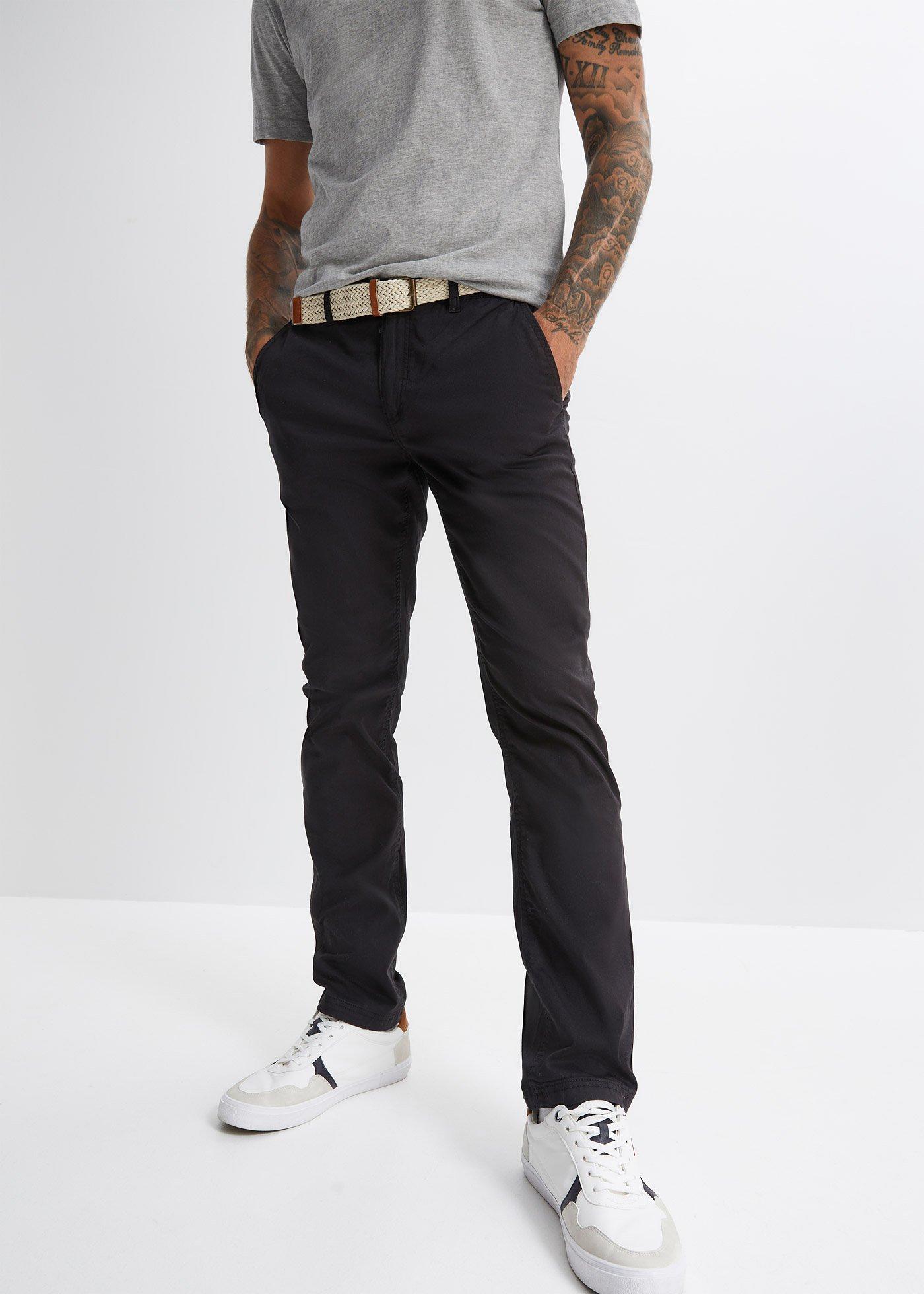 Spodnie chinosy regular fit z wygodną talią i paskiem, straight - Bonprix