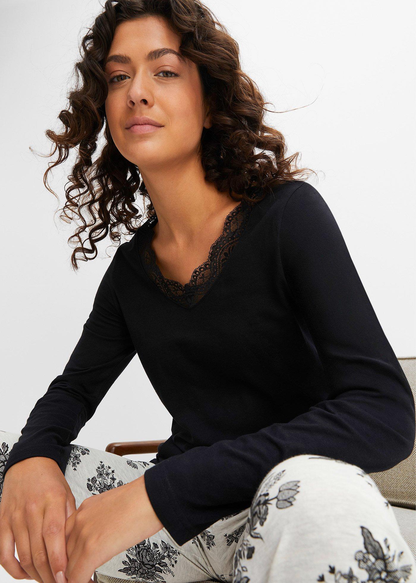 Piżama z koronką z wpuszczanymi kieszeniami, z bawełny organicznej - Bonprix