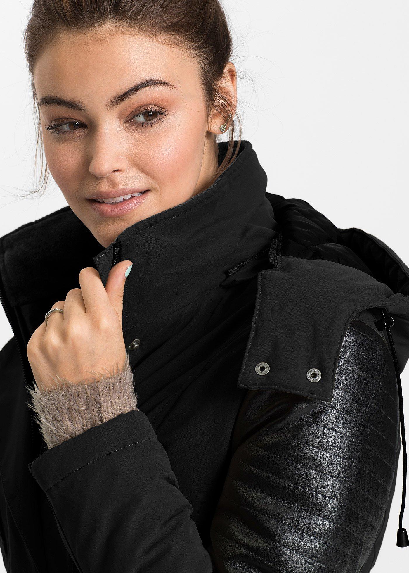 Długa parka z wstawkami ze sztucznej skóry - Bonprix