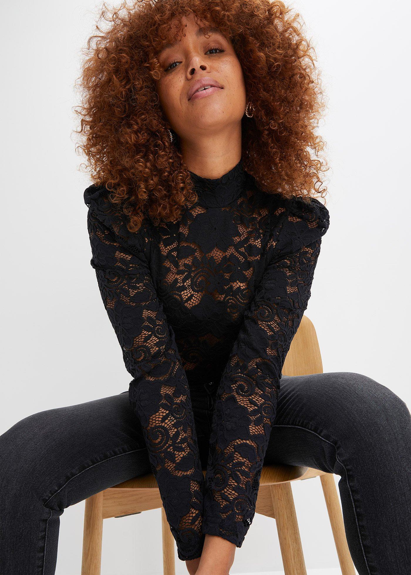 Dopasowany shirt z długim rękawem i koronką - Bonprix