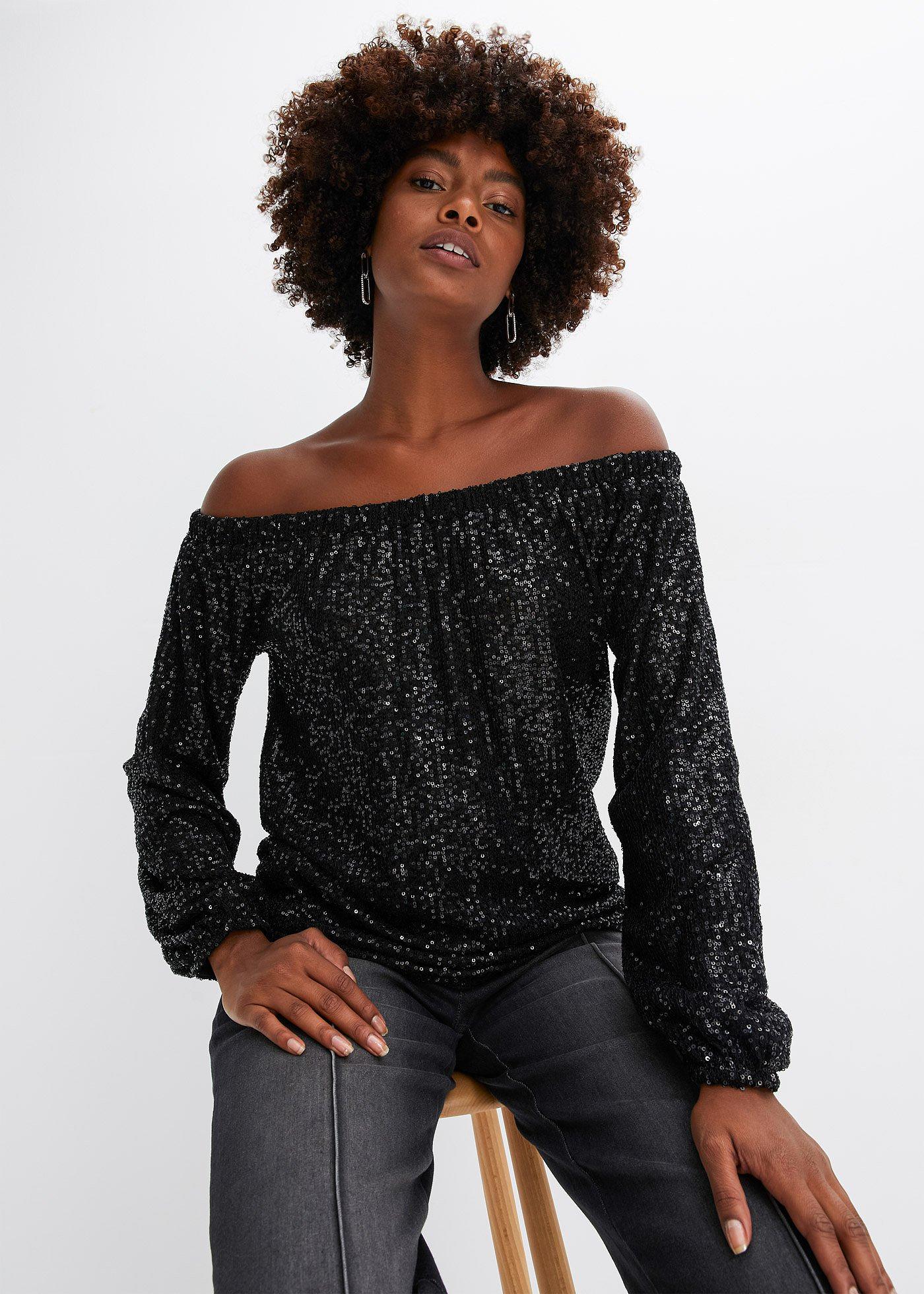 Shirt oversized z dekoltem carmen  i cekinami - Bonprix