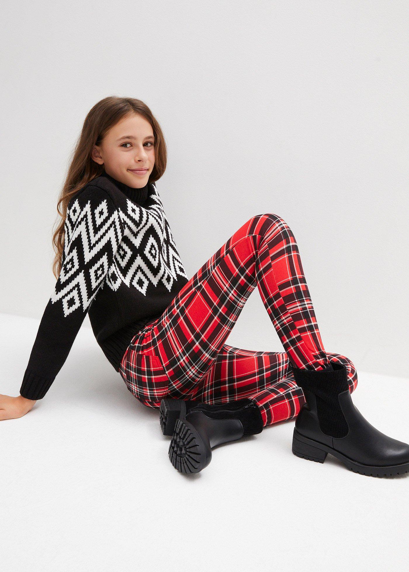 Legginsy dziewczęce ocieplane, w kratę - Bonprix