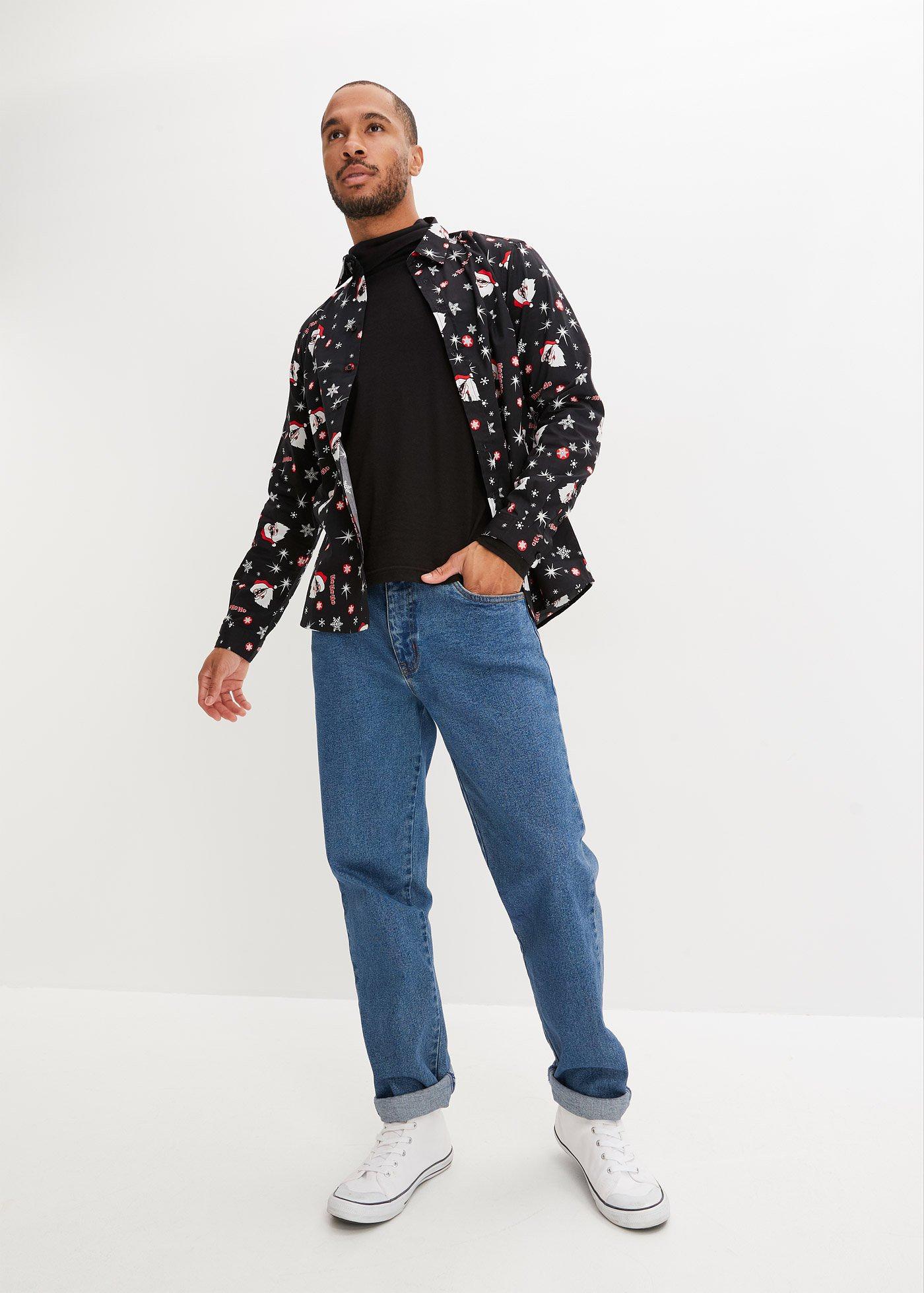 Koszula z długim rękawem i bożonarodzeniowym nadrukiem, z czystej bawełny, slim fit - Bonprix