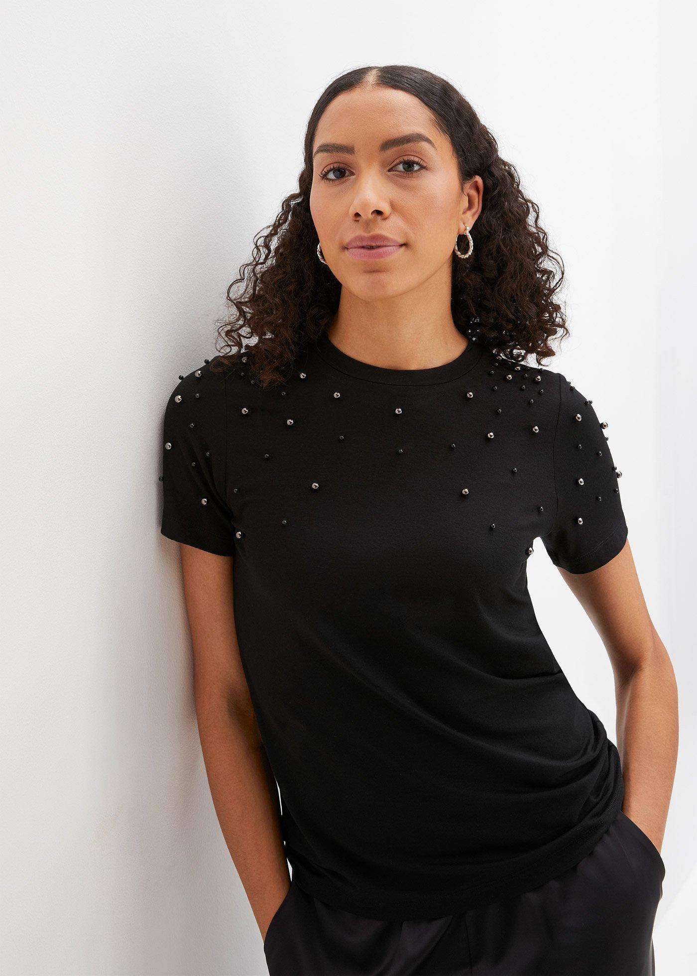 T-shirt z aplikacją z perełek - Bonprix