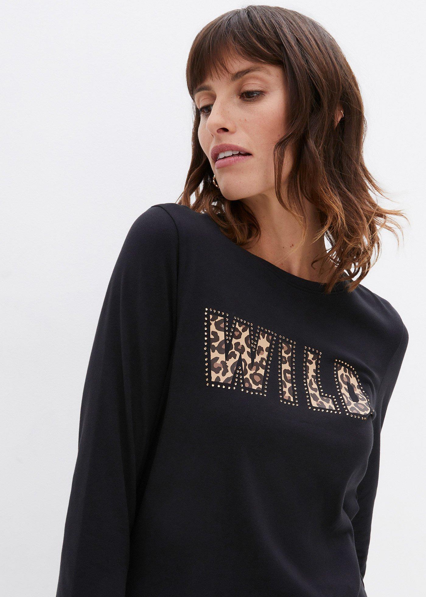 Shirt z długim rękawem z ćwiekami i nadrukiem - Bonprix