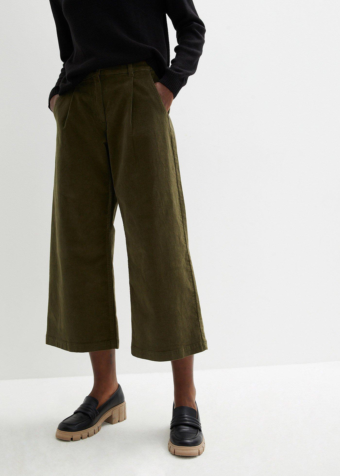 Szerokie spodnie sztruksowe culotte high-waist z wygodnym paskiem, dł. 7/8 - Bonprix