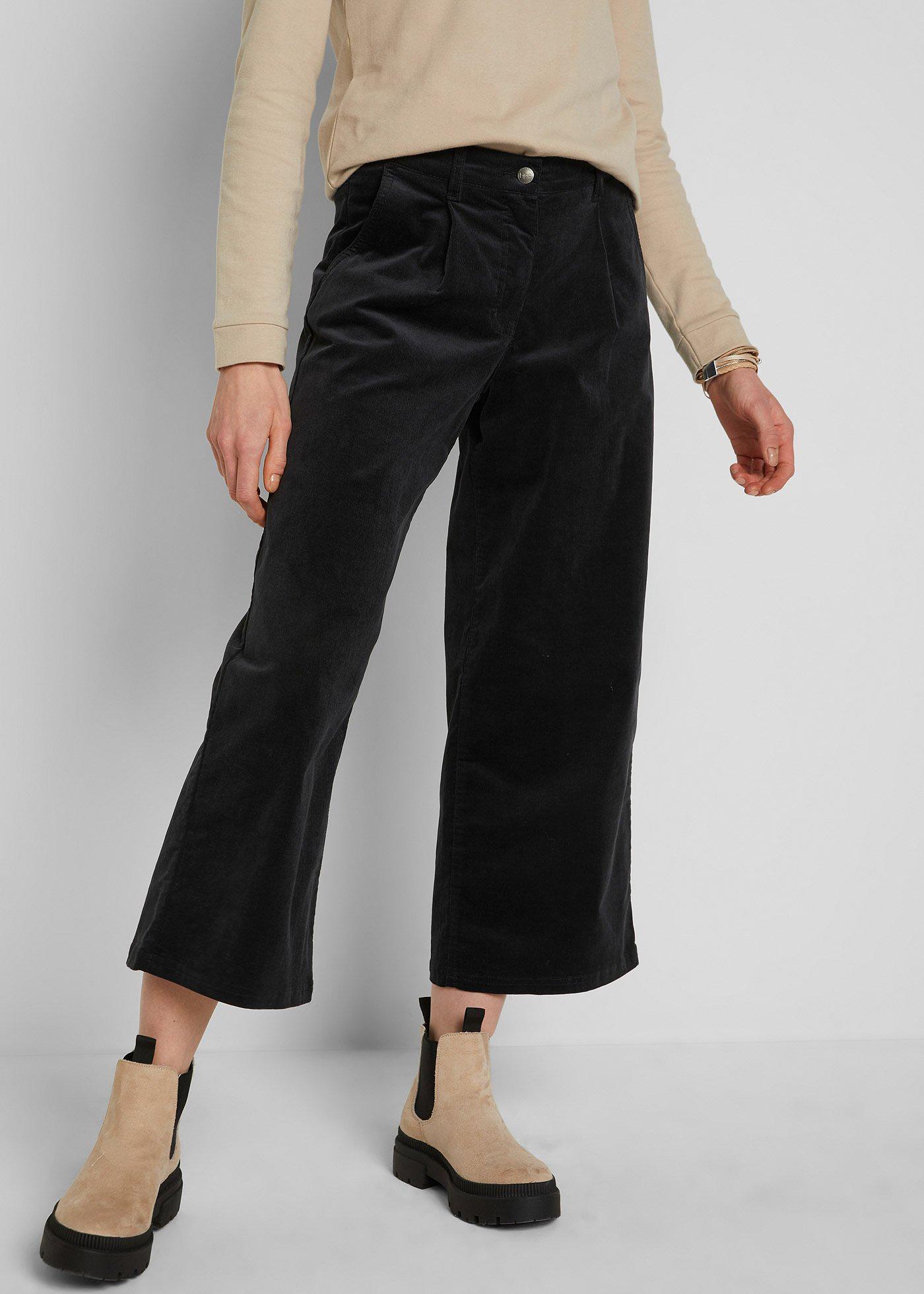 Szerokie spodnie sztruksowe culotte high-waist z wygodnym paskiem, dł. 7/8 - Bonprix
