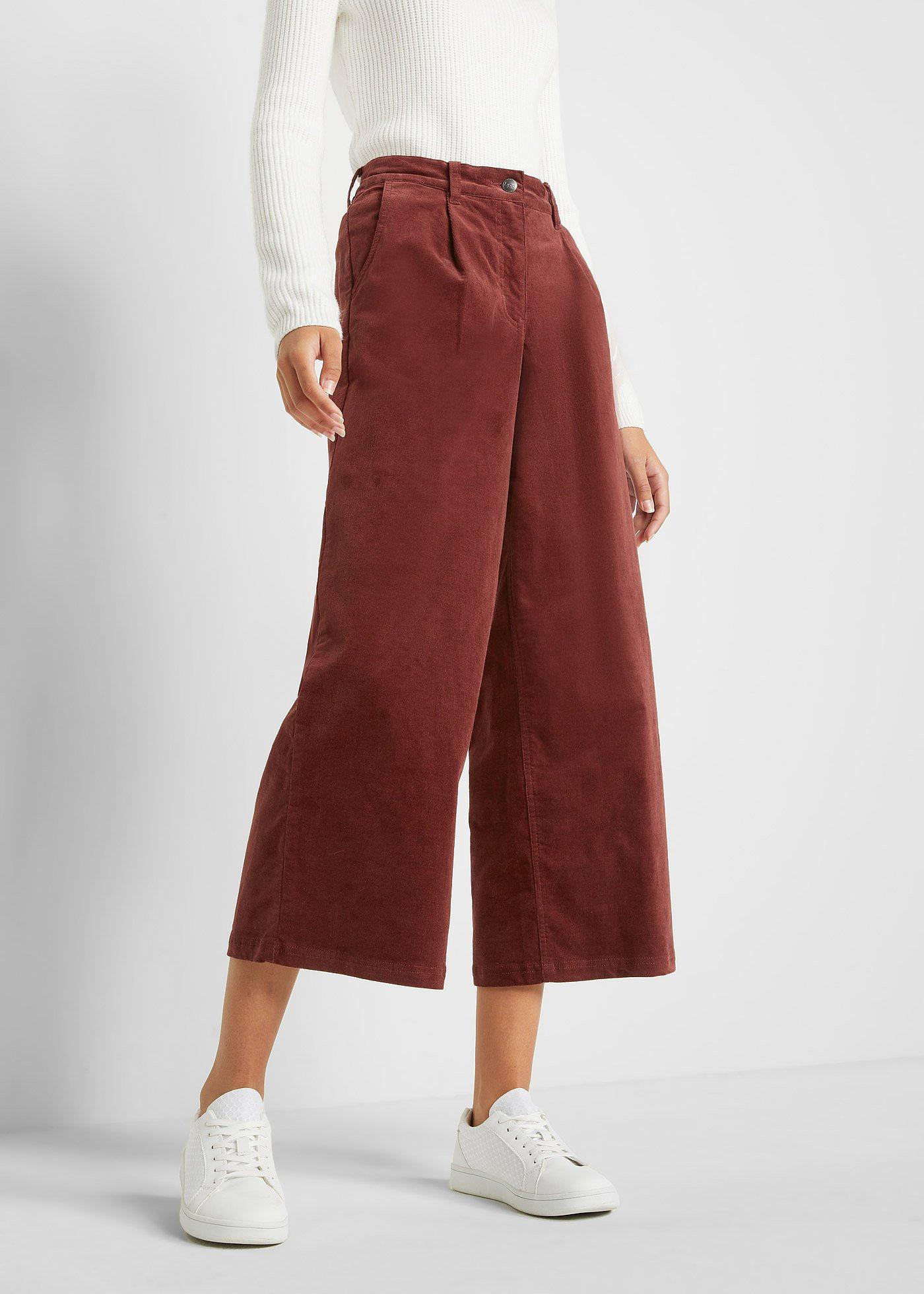 Szerokie spodnie sztruksowe culotte high-waist z wygodnym paskiem, dł. 7/8 - Bonprix
